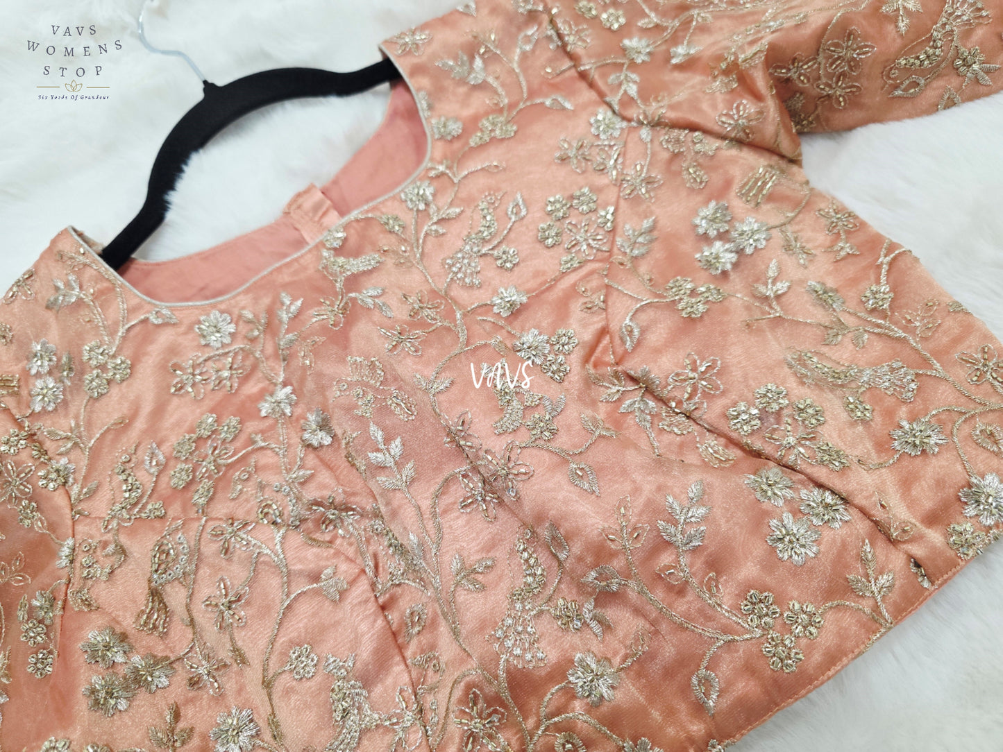Peach Champagne Tissue All-Over Embroidered Partywear Blouse | Size 36–42