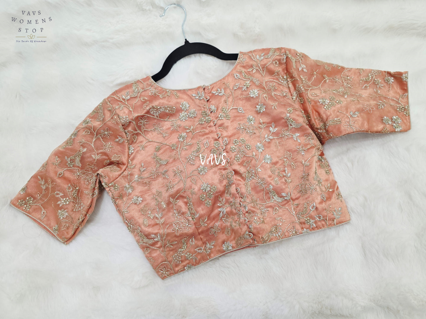 Peach Champagne Tissue All-Over Embroidered Partywear Blouse | Size 36–42