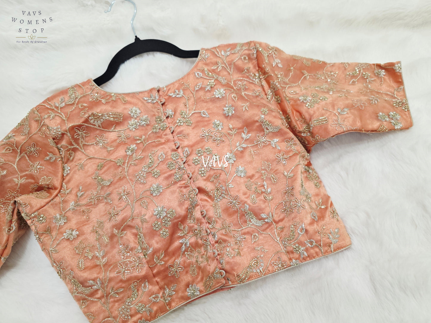 Peach Champagne Tissue All-Over Embroidered Partywear Blouse | Size 36–42