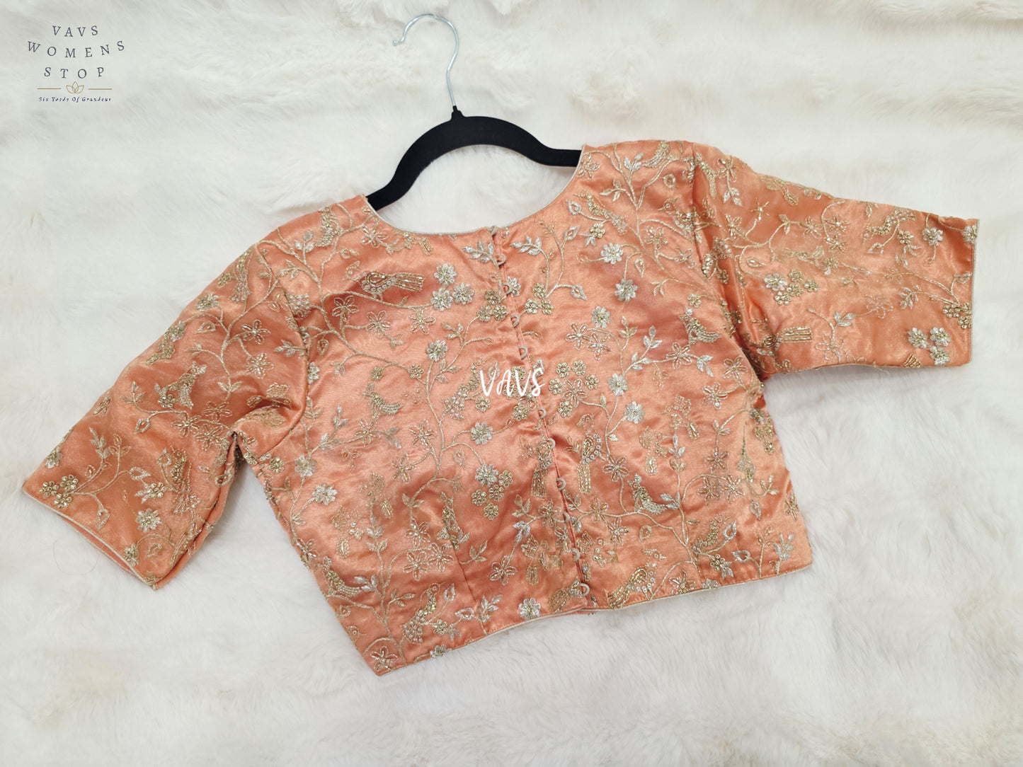 Peach Champagne Tissue All-Over Embroidered Partywear Blouse | Size 36–42