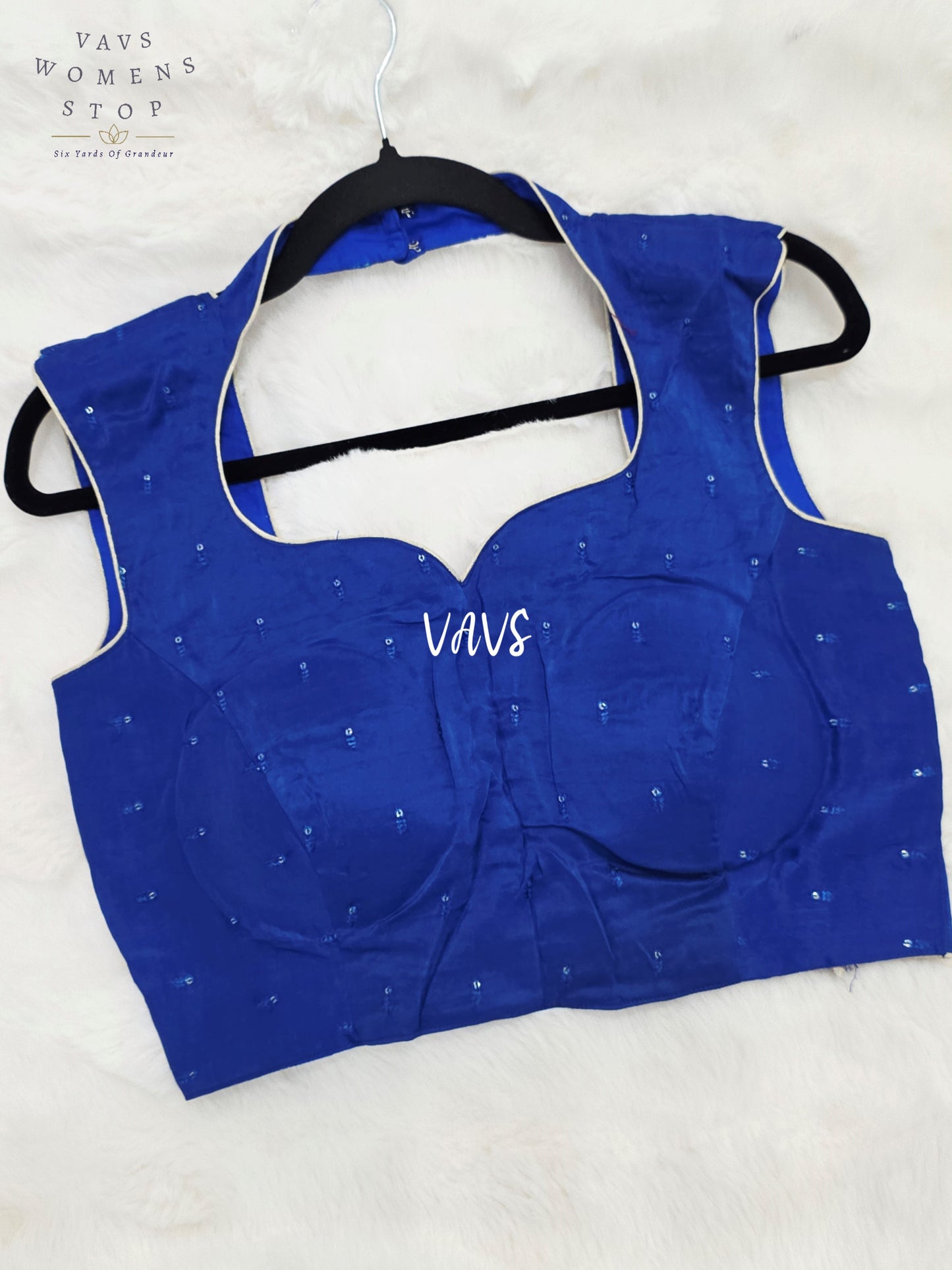 Royal Sapphire Blue Chinon Silk Padded Designer Blouse | Size 36–42