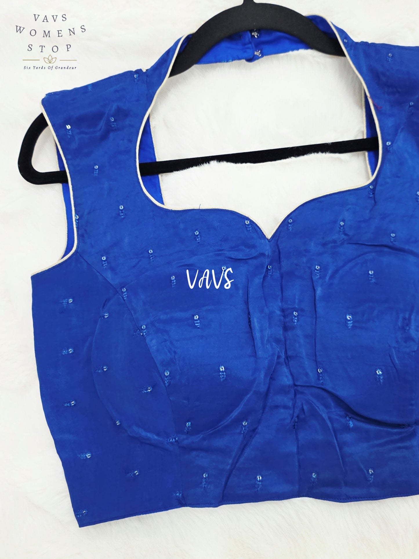 Royal Sapphire Blue Chinon Silk Padded Designer Blouse | Size 36–42