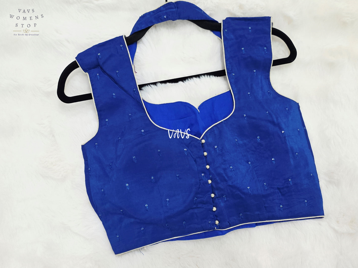 Royal Sapphire Blue Chinon Silk Padded Designer Blouse | Size 36–42