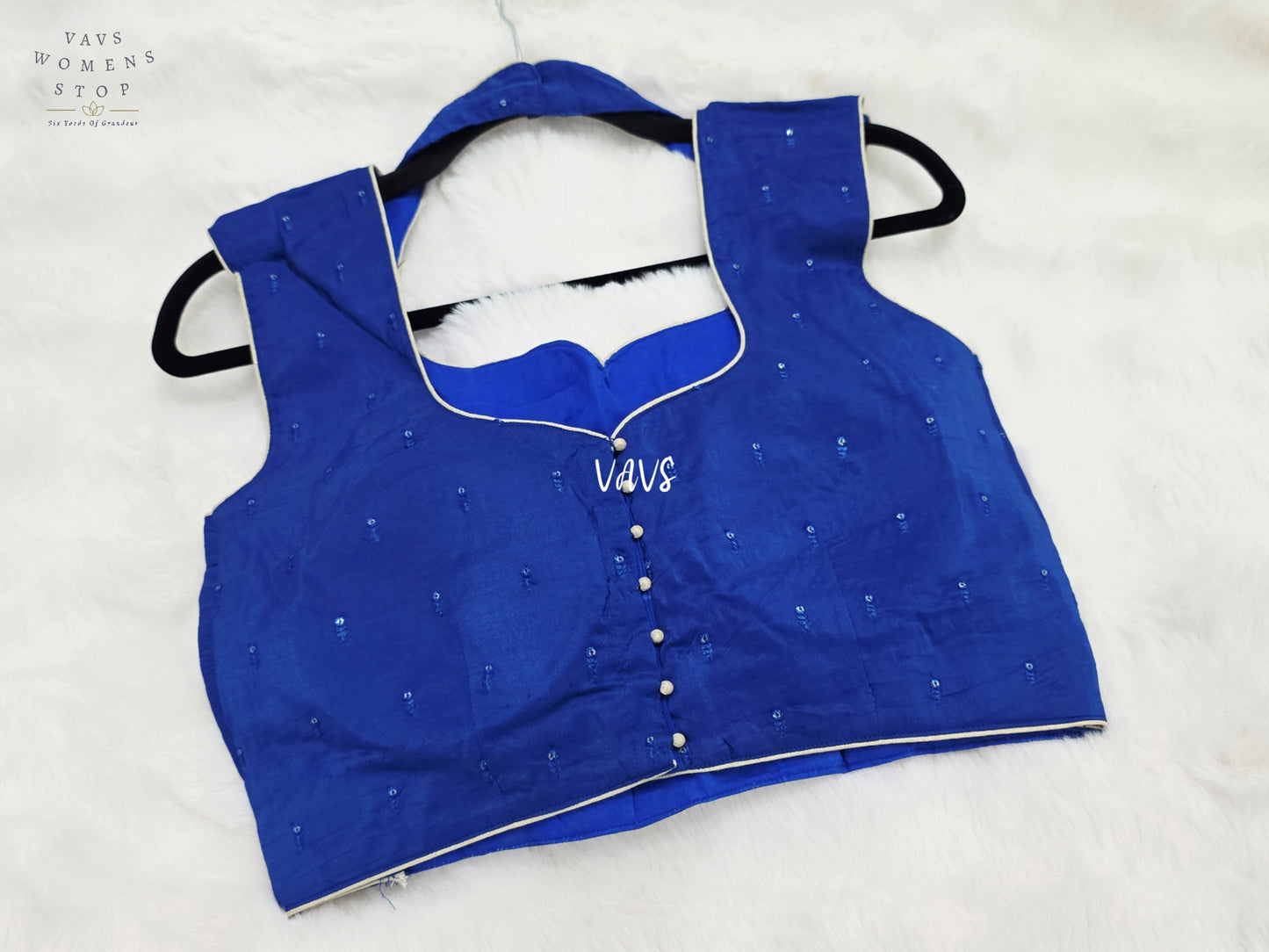 Royal Sapphire Blue Chinon Silk Padded Designer Blouse | Size 36–42