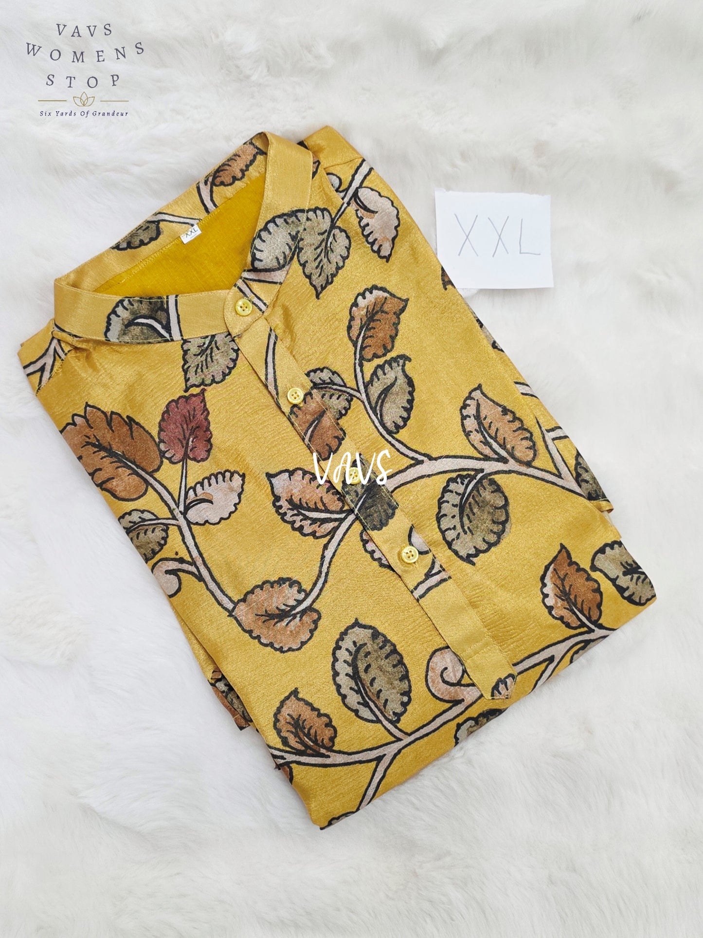 Regal Mustard Gold Kalamkari Tussar Silk Botanical Men’s Haldi Kurta – Size XXL