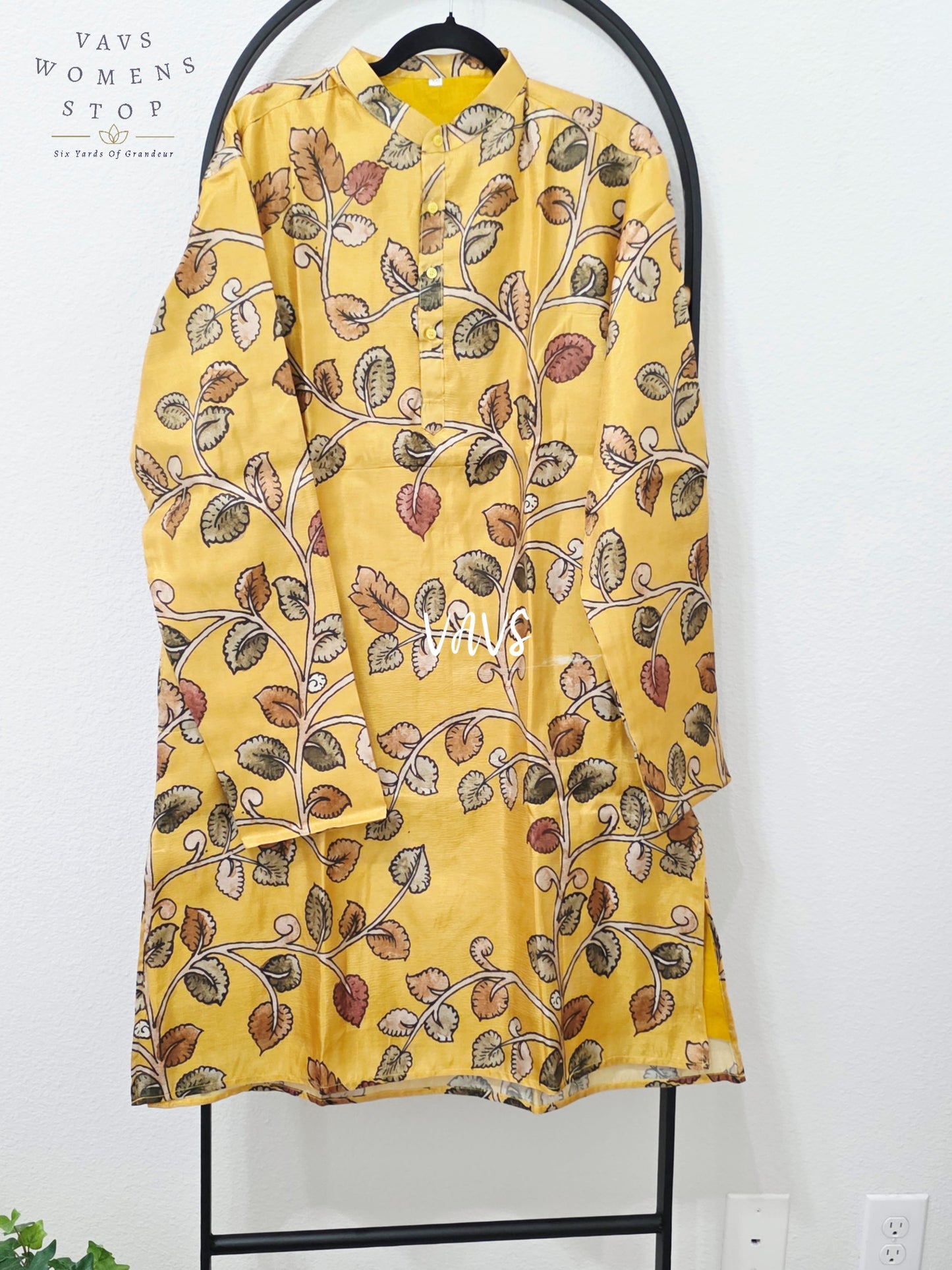 Regal Mustard Gold Kalamkari Tussar Silk Botanical Men’s Haldi Kurta – Size XXL
