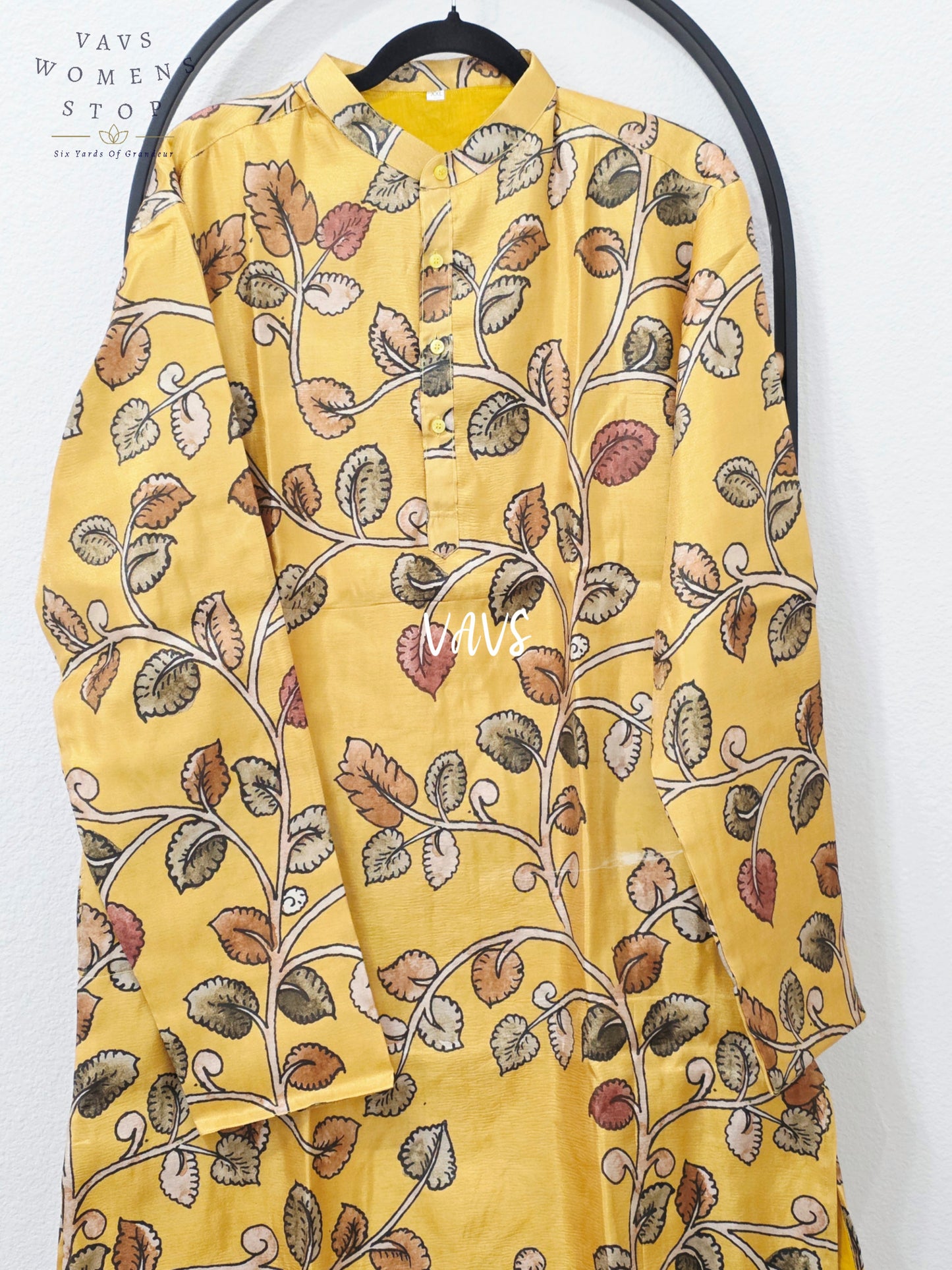 Regal Mustard Gold Kalamkari Tussar Silk Botanical Men’s Haldi Kurta – Size XXL