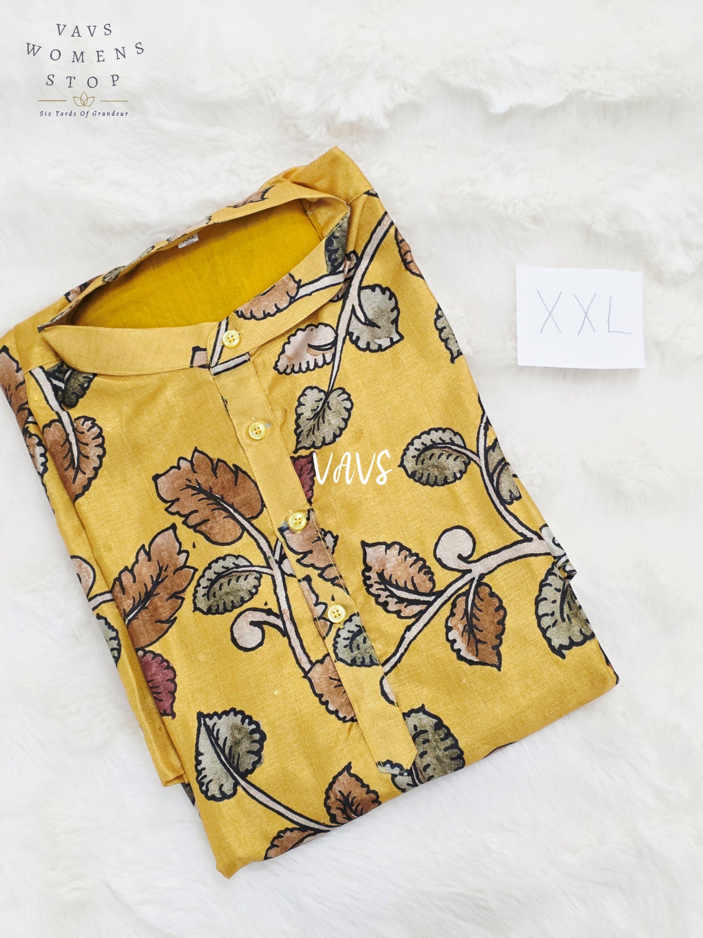 Regal Mustard Gold Kalamkari Tussar Silk Botanical Men’s Haldi Kurta – Size XXL
