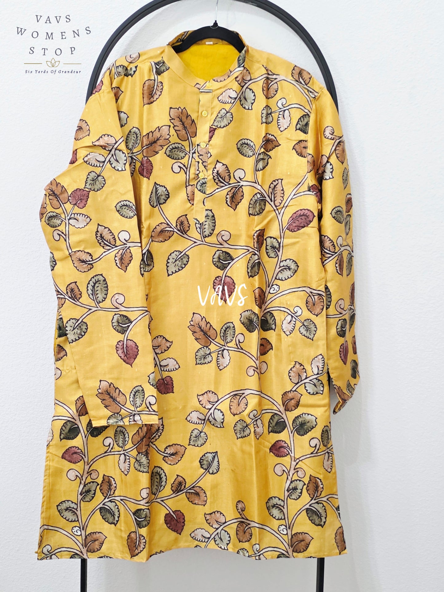 Regal Mustard Gold Kalamkari Tussar Silk Botanical Men’s Haldi Kurta – Size XXL