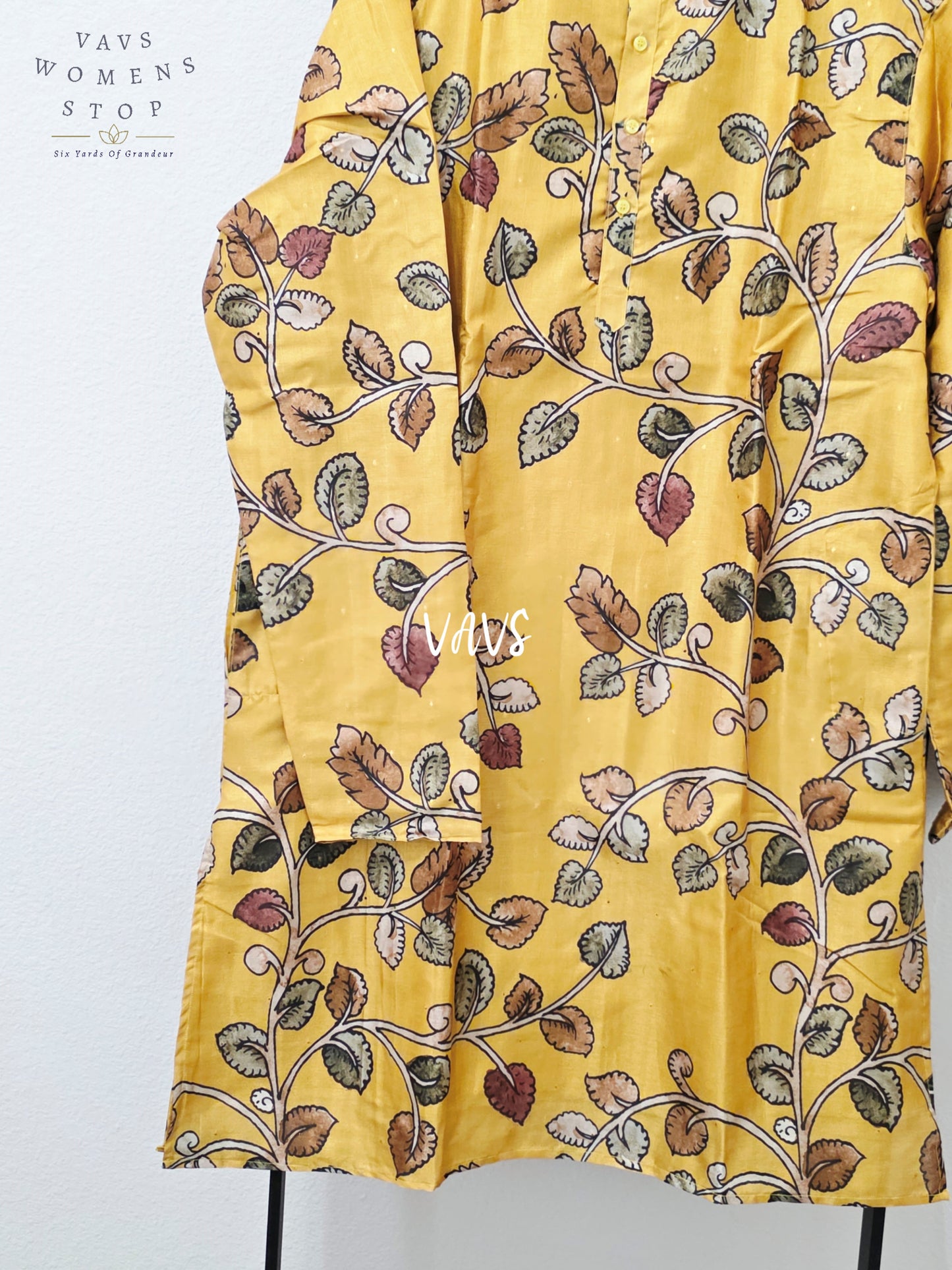 Regal Mustard Gold Kalamkari Tussar Silk Botanical Men’s Haldi Kurta – Size XXL