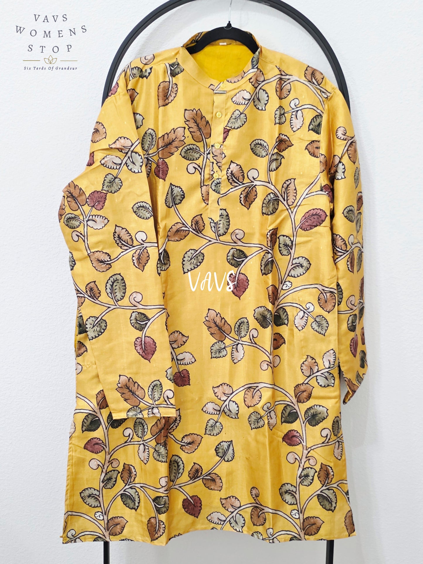 Regal Mustard Gold Kalamkari Tussar Silk Botanical Men’s Haldi Kurta – Size XXL
