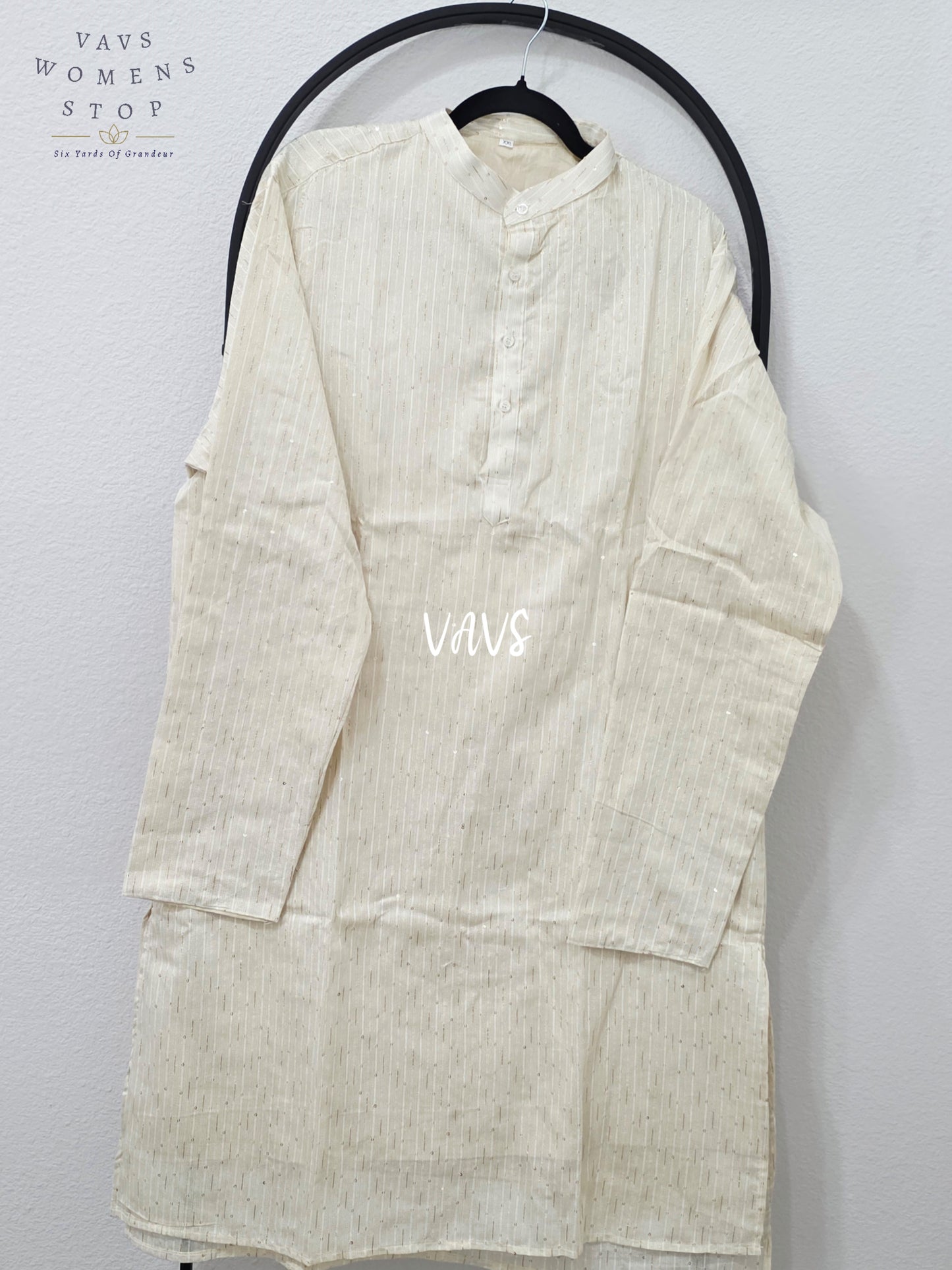 Regal Pearl Ivory Soft Benarasi Silk Thin Zari Stripe Men’s Tailored Kurta – Size XXL