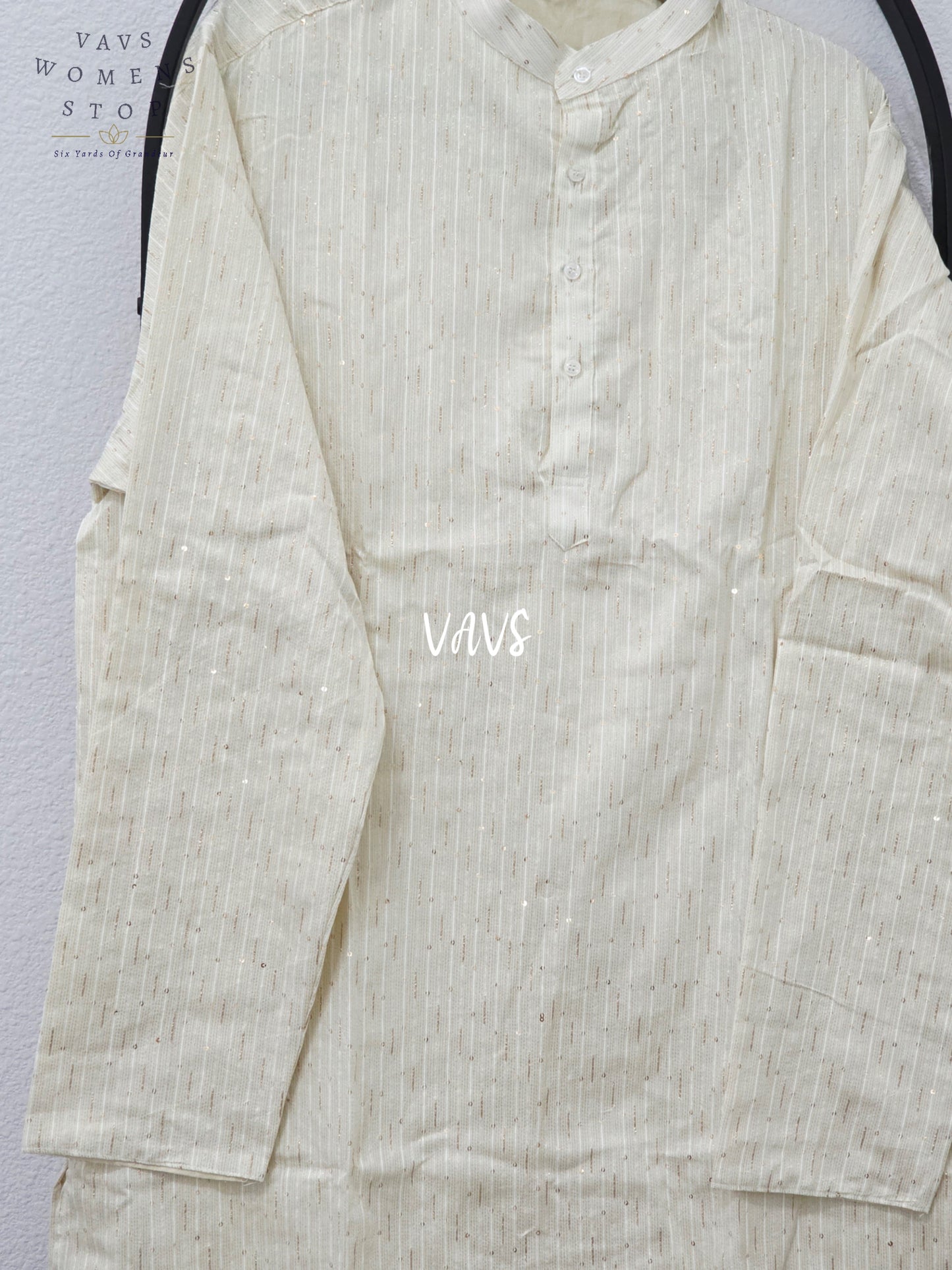 Regal Pearl Ivory Soft Benarasi Silk Thin Zari Stripe Men’s Tailored Kurta – Size XXL
