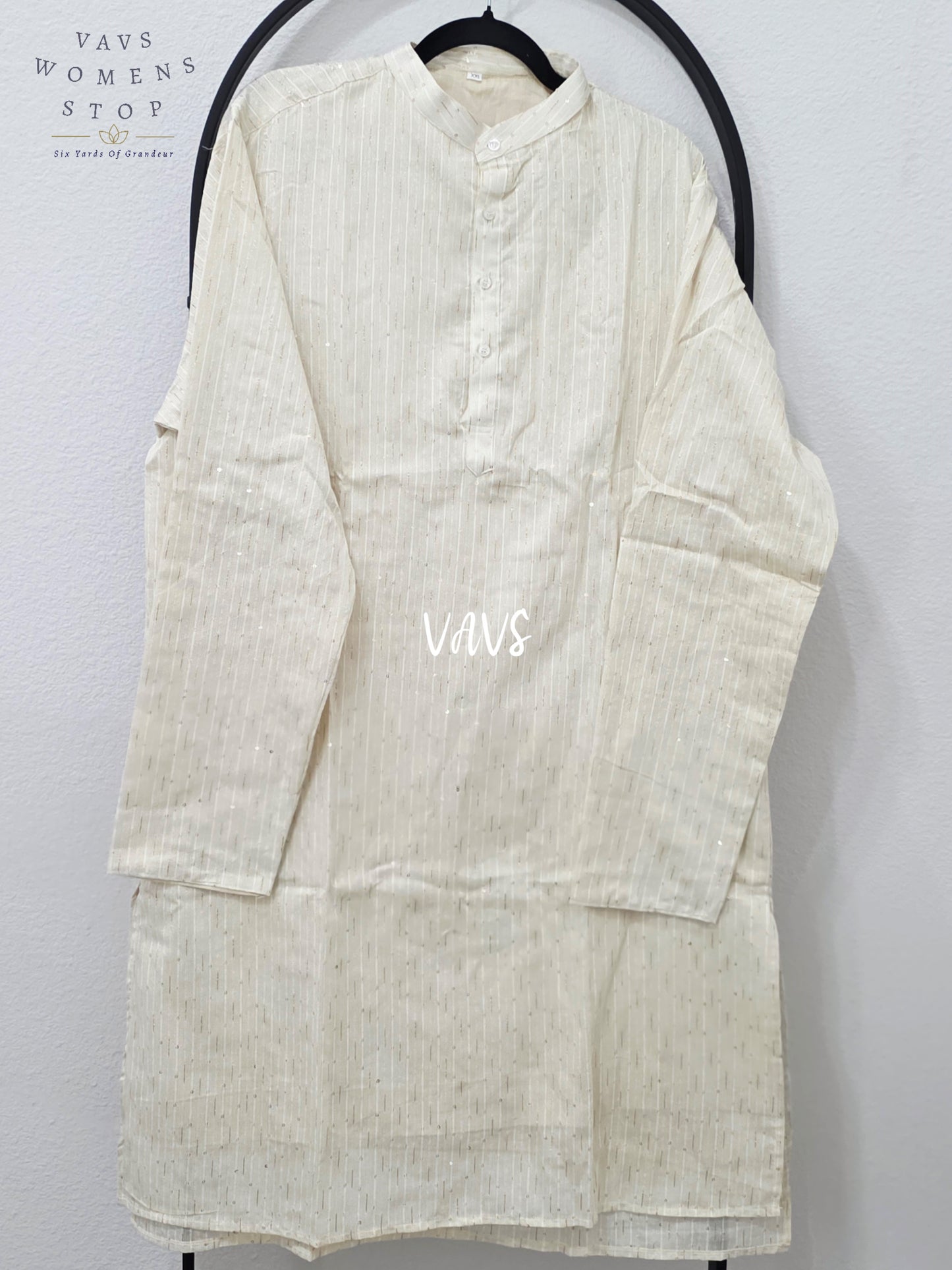 Regal Pearl Ivory Soft Benarasi Silk Thin Zari Stripe Men’s Tailored Kurta – Size XXL