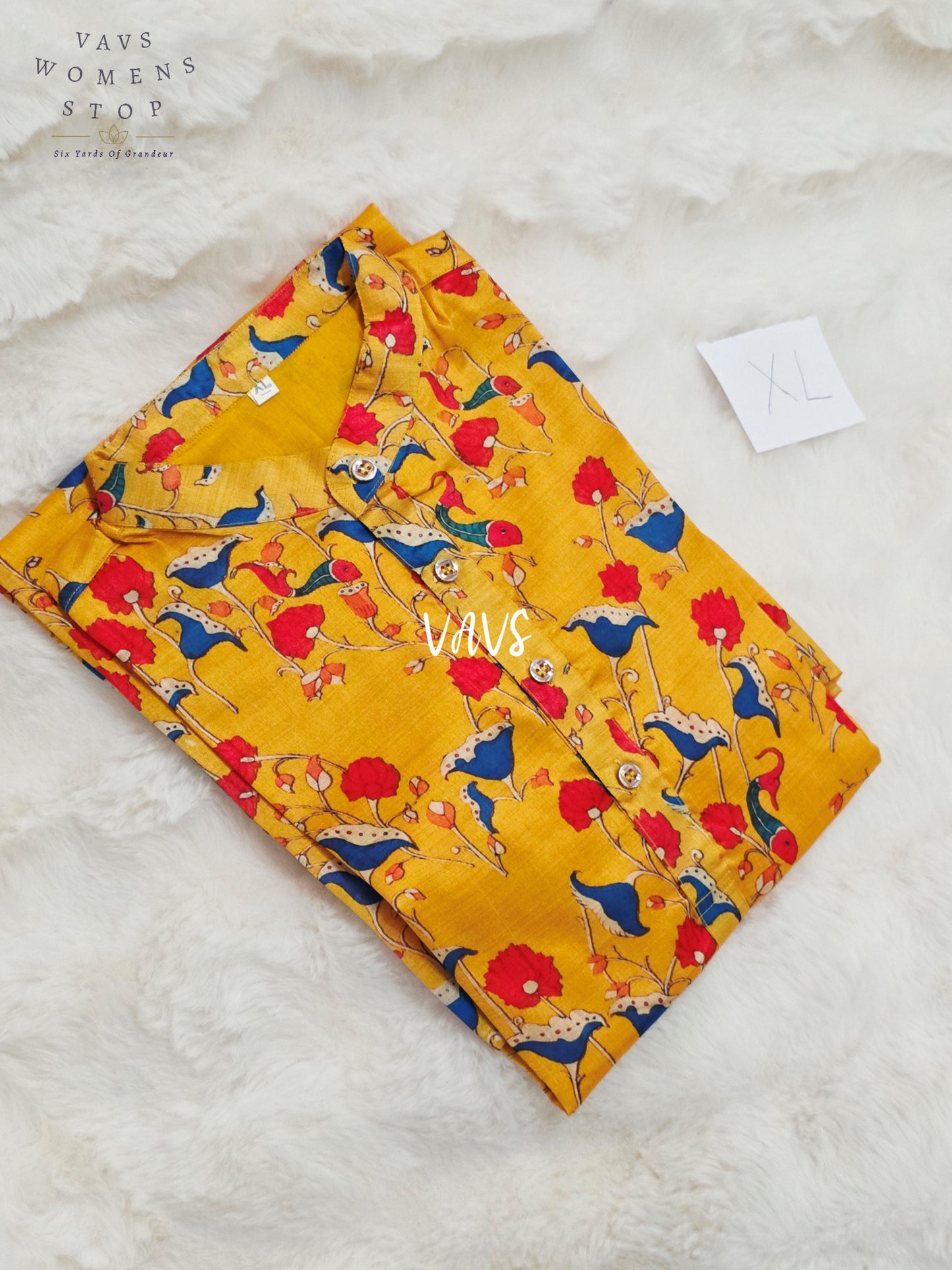 Saffron Marigold Kalamkari Floral & Peacock Print Men’s Kurta – Size XL