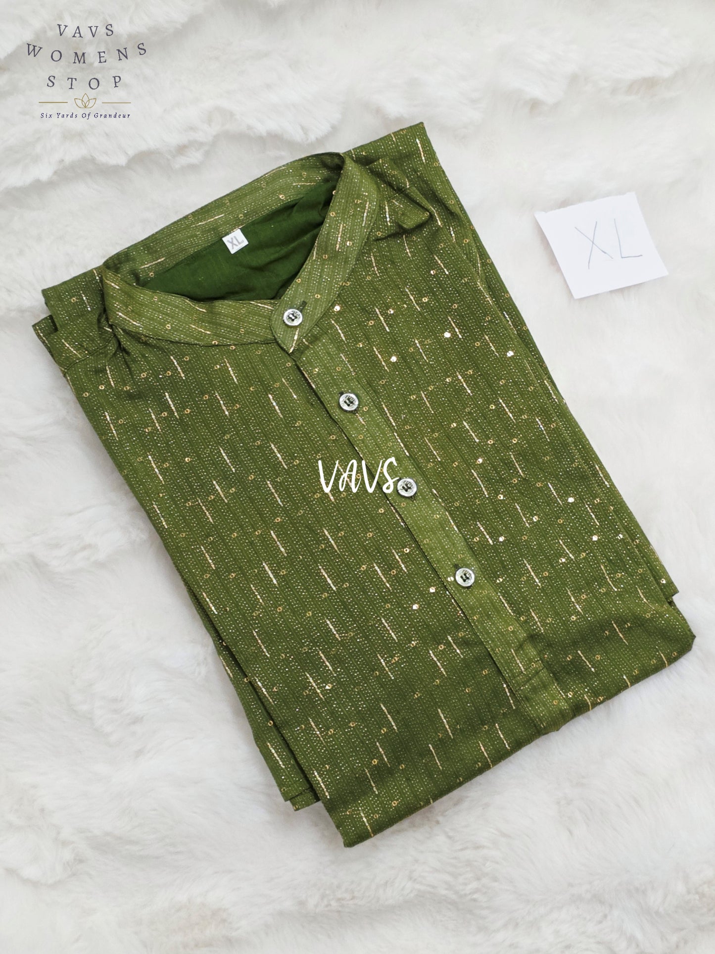 Olive Grove Green Soft Benarasi Silk Thin Zari Stripe Men’s Kurta – Size XL
