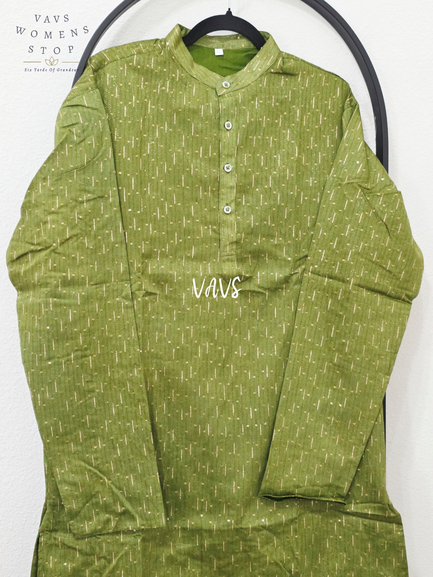 Olive Grove Green Soft Benarasi Silk Thin Zari Stripe Men’s Kurta – Size XL