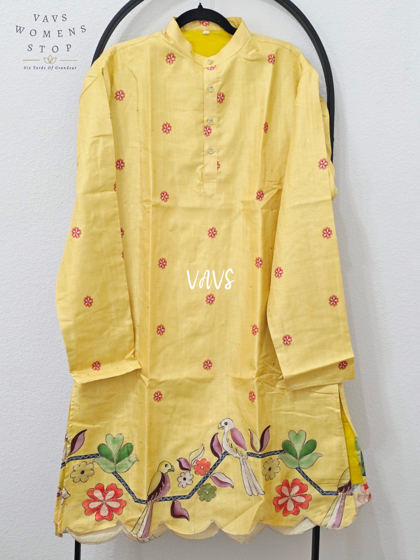 Golden Marigold Silk Floral & Bird Kalamkari Men’s Kurta – Size XL
