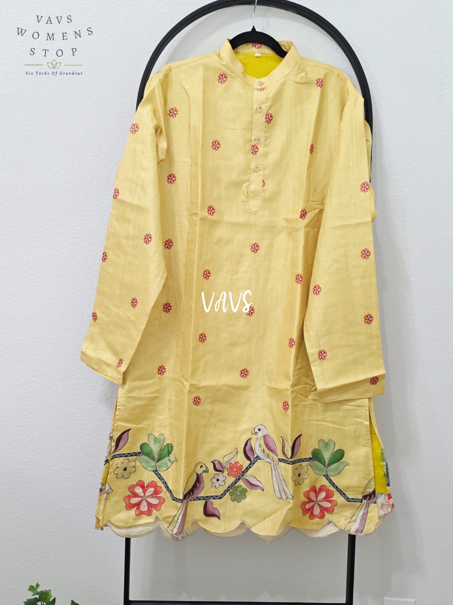 Golden Marigold Silk Floral & Bird Kalamkari Men’s Kurta – Size XL