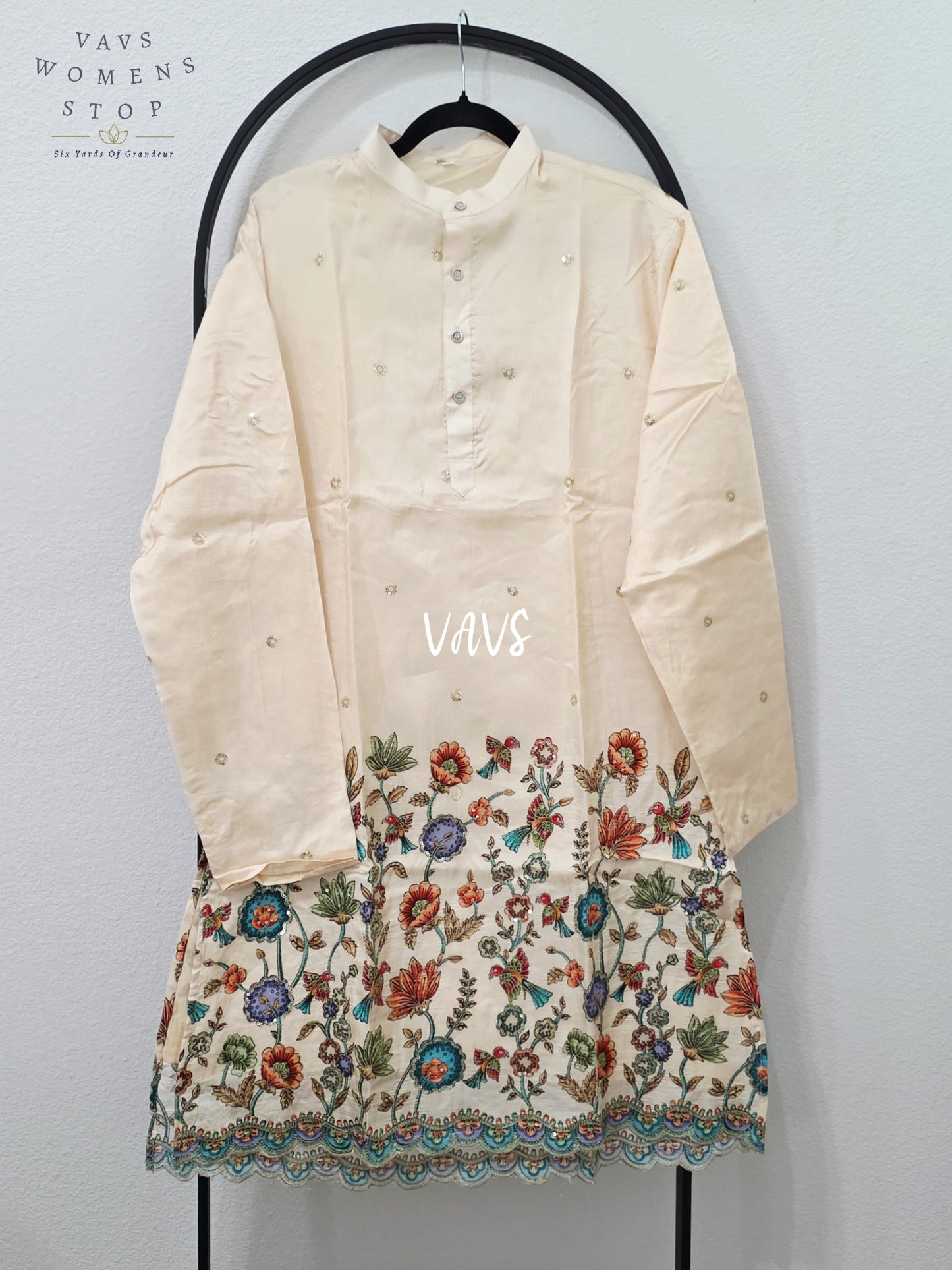 Ivory Pearl Tussar Silk Kalamkari Floral Bird Border Men’s Kurta – XL