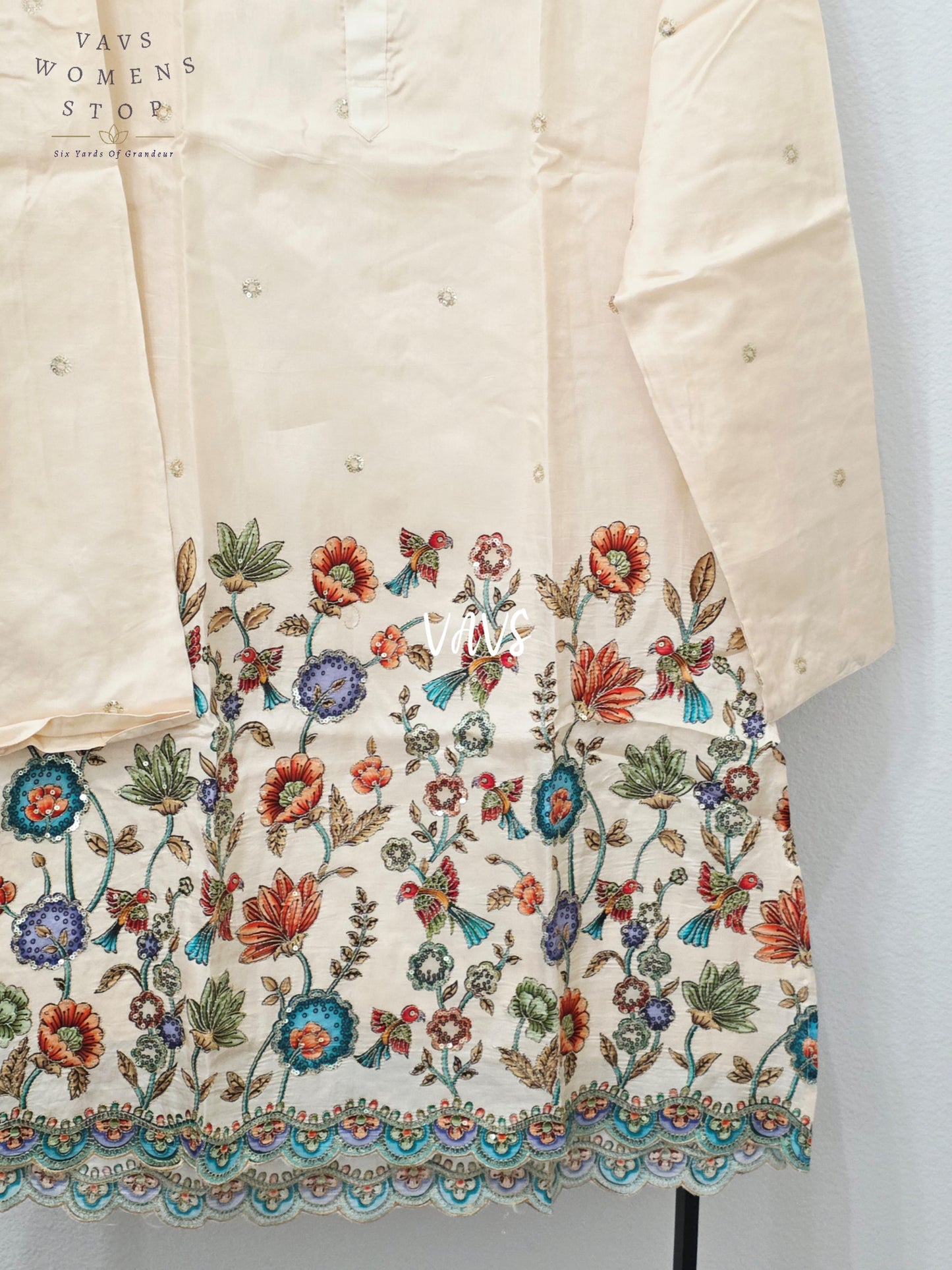 Ivory Pearl Tussar Silk Kalamkari Floral Bird Border Men’s Kurta – XL