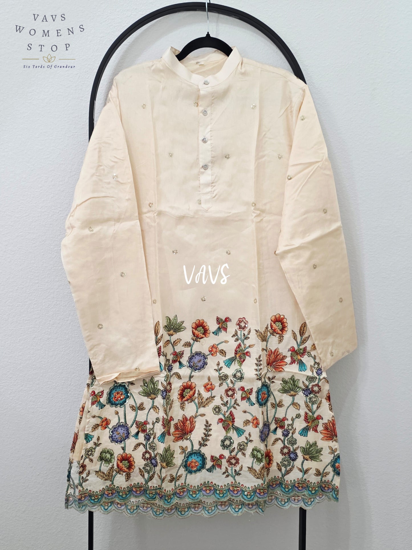 Ivory Pearl Tussar Silk Kalamkari Floral Bird Border Men’s Kurta – XL