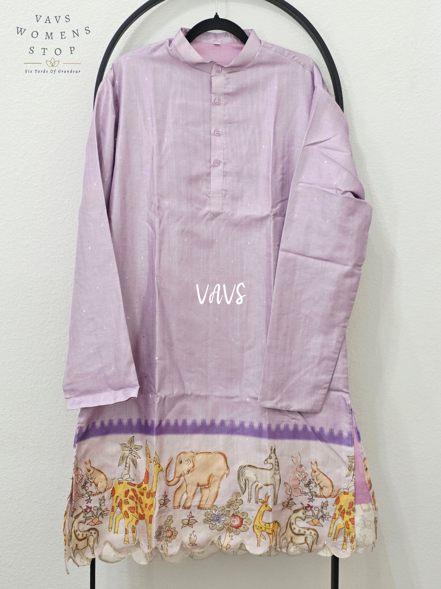 Lavender Mist Tussar Silk Wildlife Kalamkari Border Men’s Kurta – Size XL