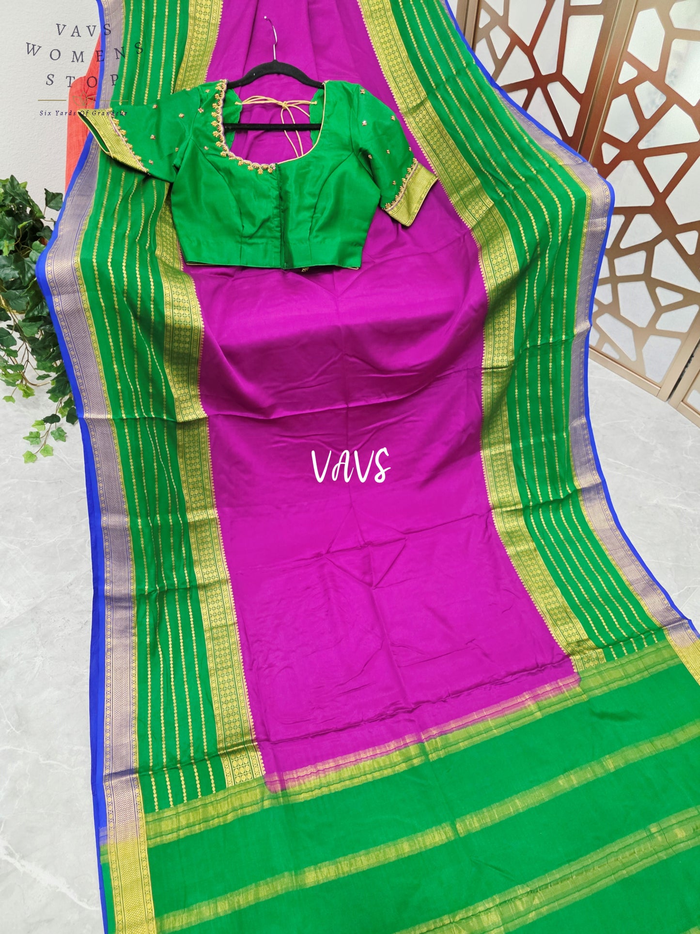 Regal Magenta & Emerald Green Pure Mysore Crepe Silk Saree, 120 GSM, with Stitched Maggam Blouse Size 36, Extendable to 42