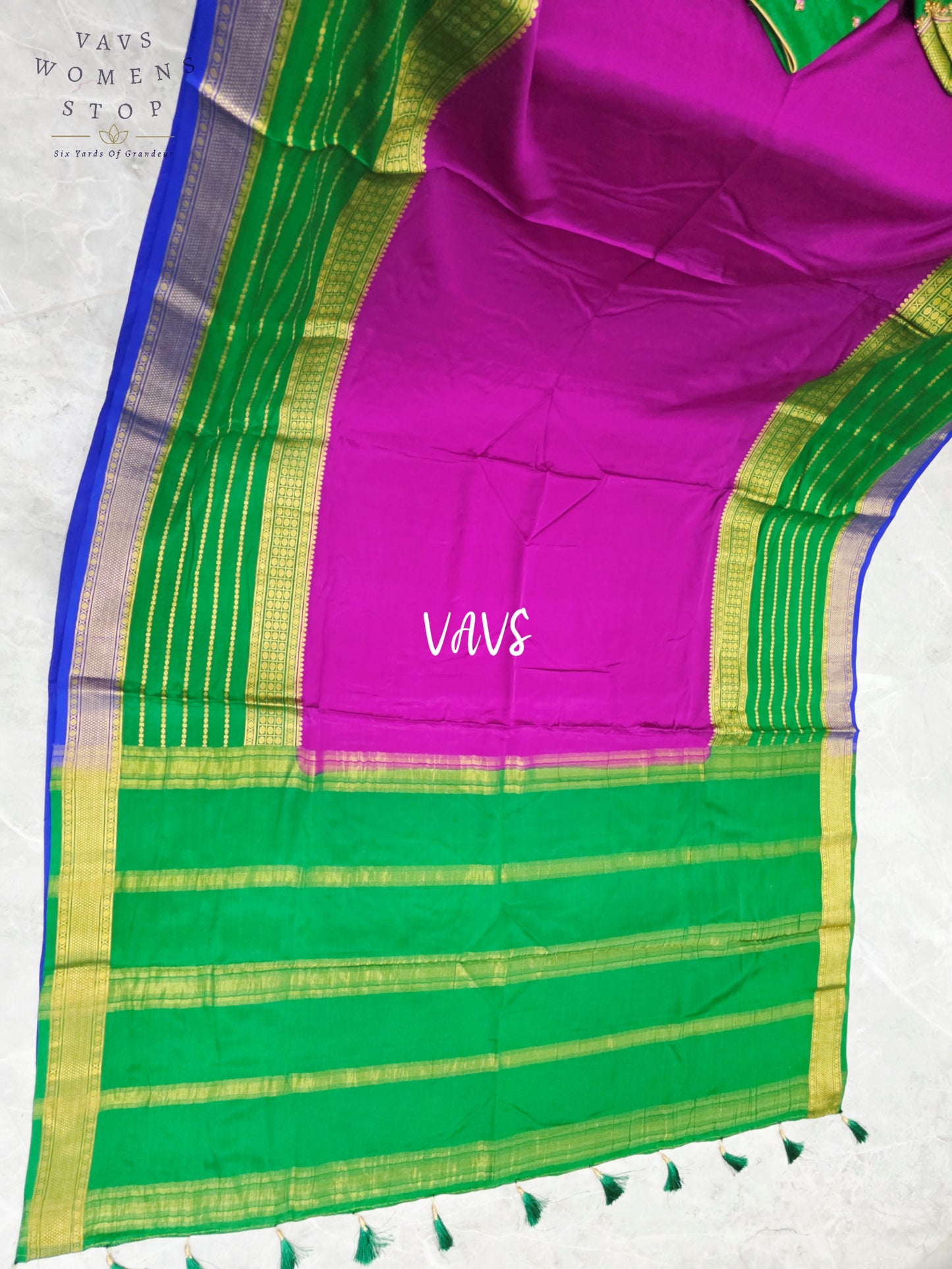 Regal Magenta & Emerald Green Pure Mysore Crepe Silk Saree, 120 GSM, with Stitched Maggam Blouse Size 36, Extendable to 42