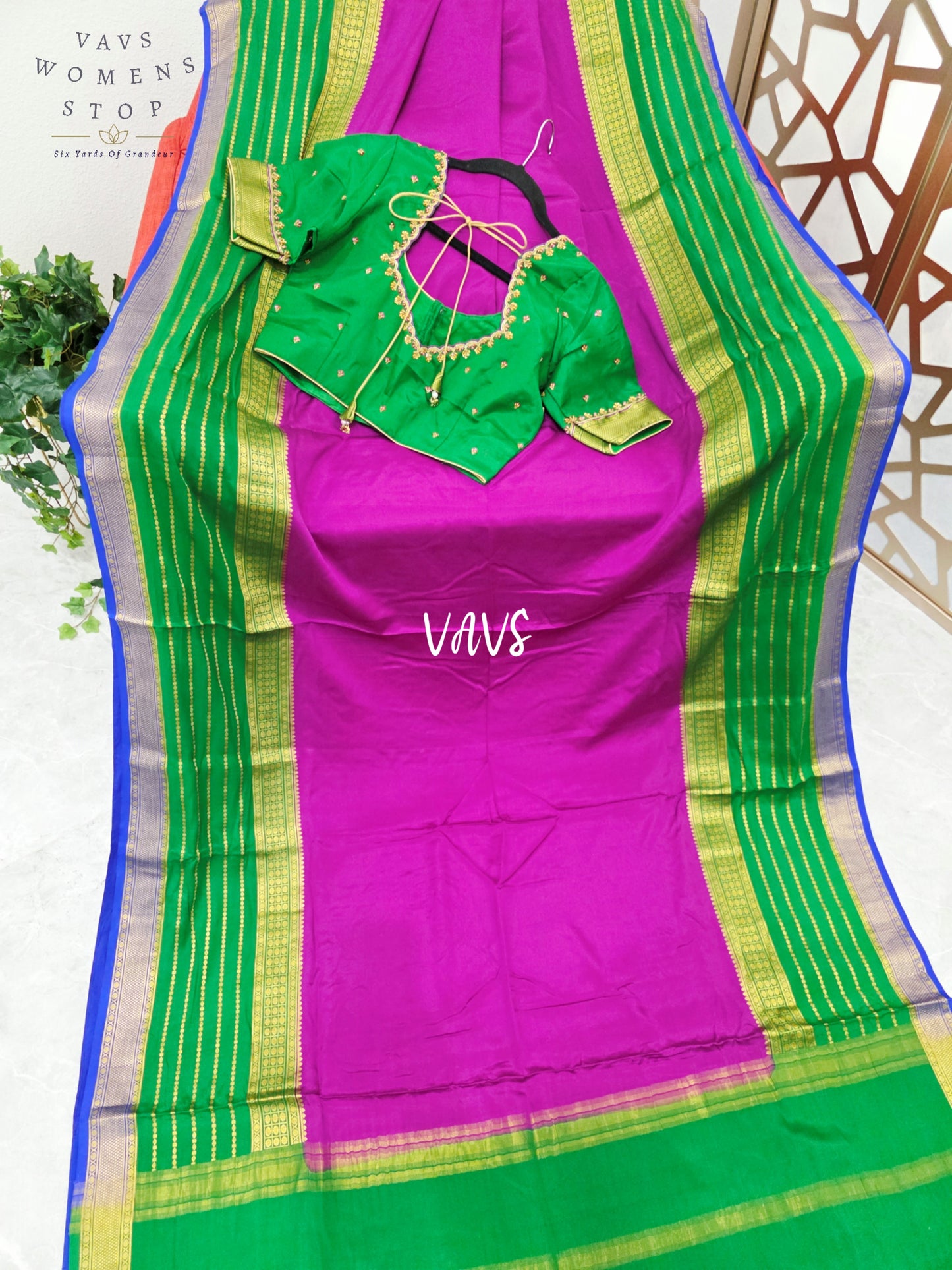 Regal Magenta & Emerald Green Pure Mysore Crepe Silk Saree, 120 GSM, with Stitched Maggam Blouse Size 36, Extendable to 42