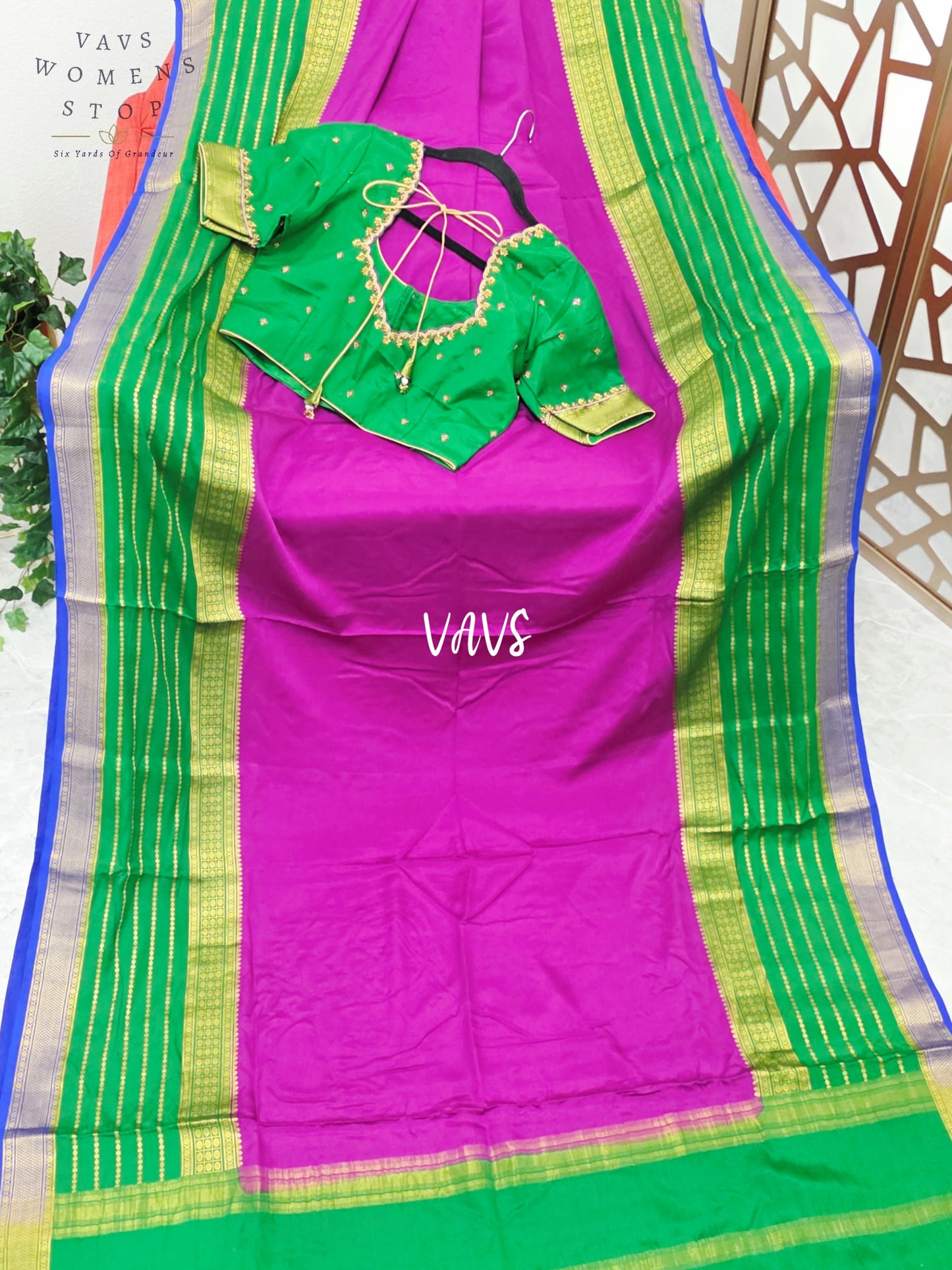 Regal Magenta & Emerald Green Pure Mysore Crepe Silk Saree, 120 GSM, with Stitched Maggam Blouse Size 36, Extendable to 42
