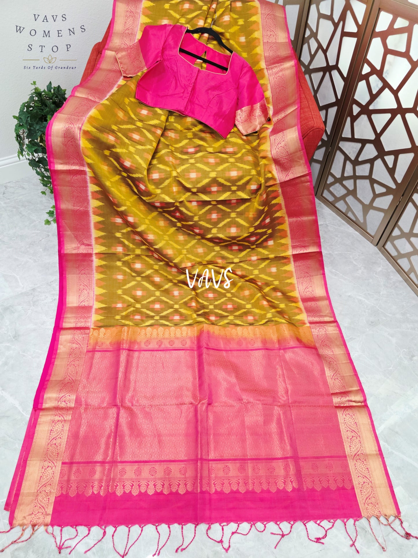 Golden Olive & Rani Pink Pure Kanchi Soft Silk Saree with Woven Pochampally Design & Stitched Blouse Size 38, Extendable to 44