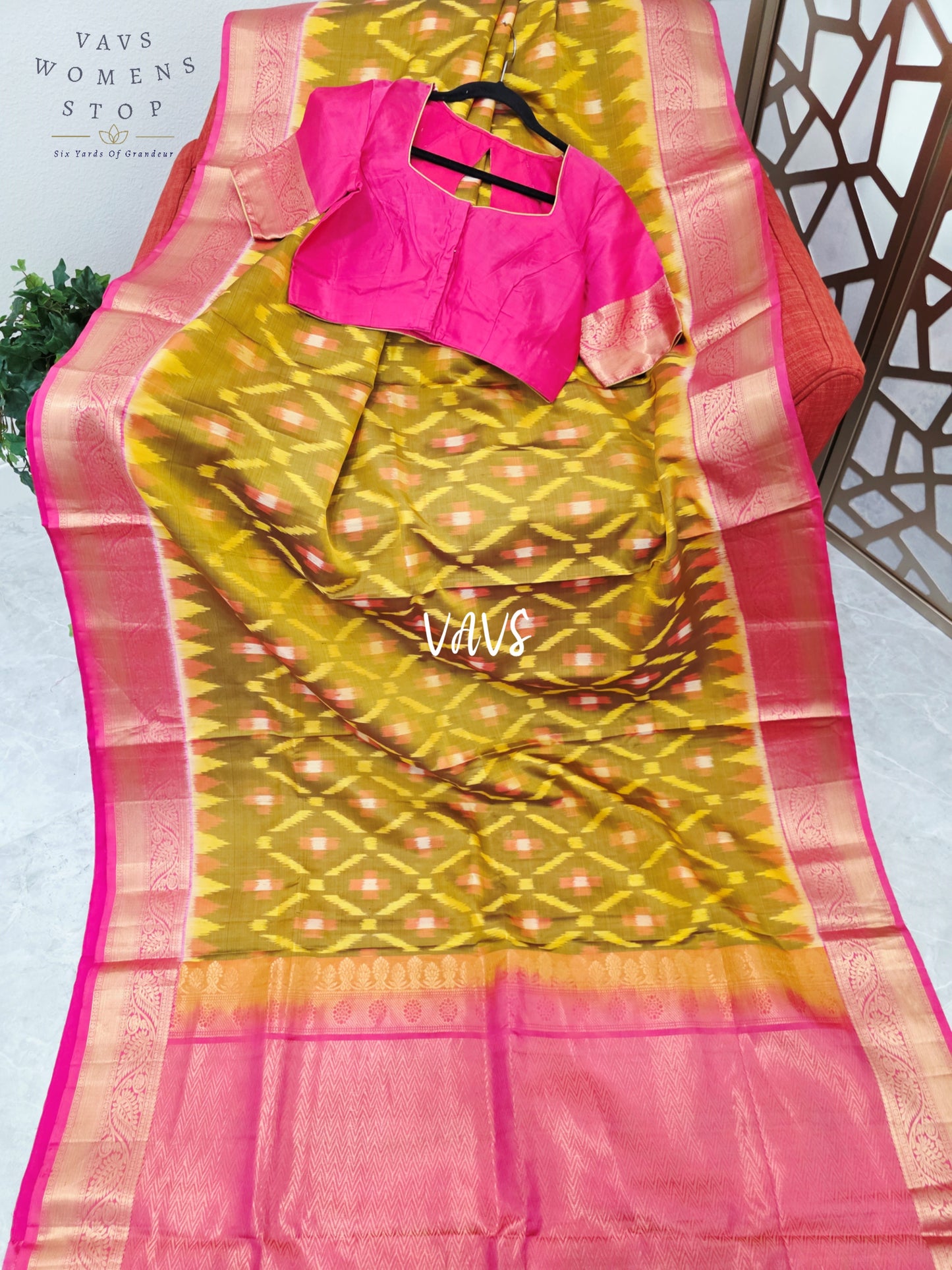 Golden Olive & Rani Pink Pure Kanchi Soft Silk Saree with Woven Pochampally Design & Stitched Blouse Size 38, Extendable to 44