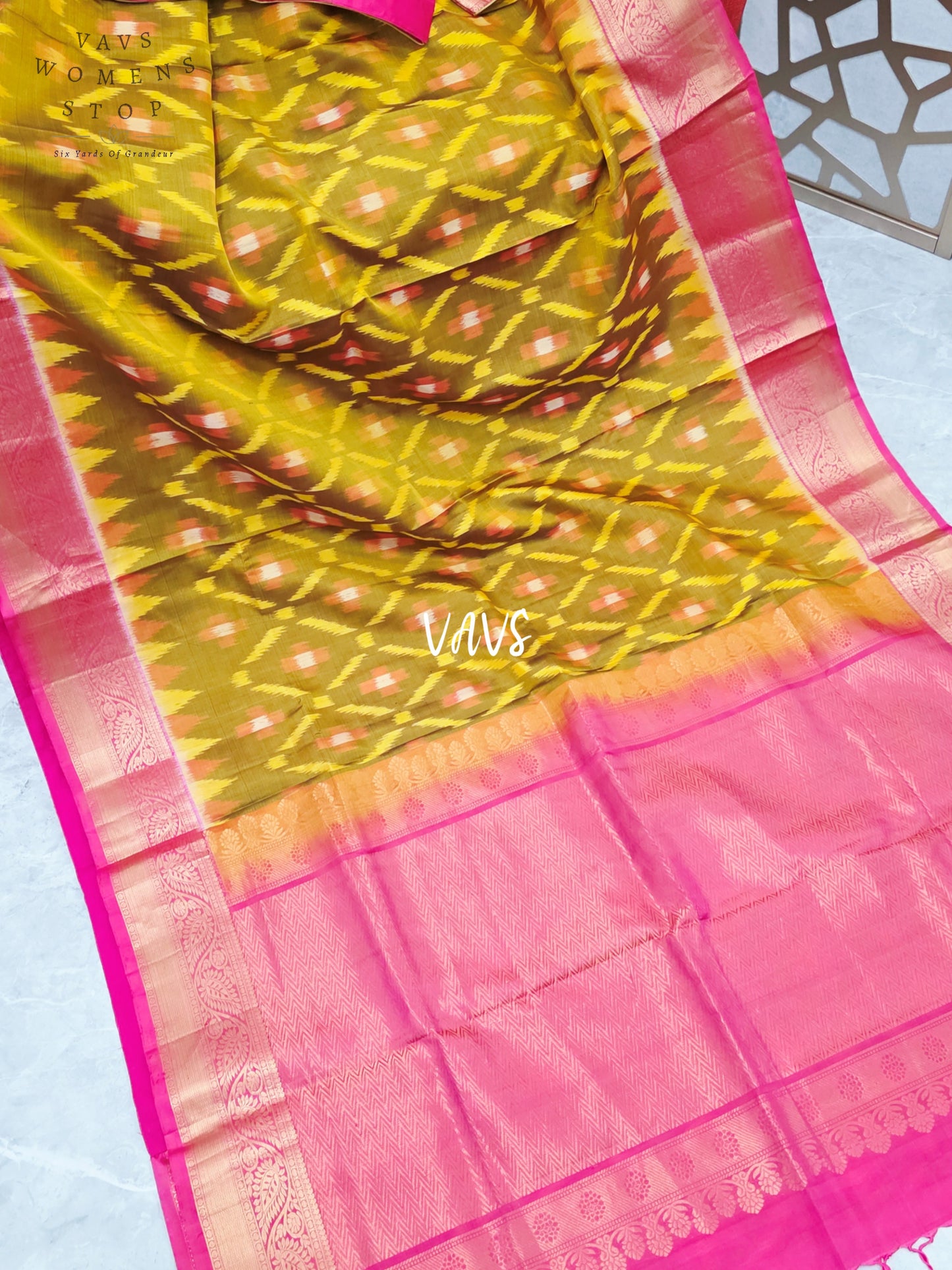 Golden Olive & Rani Pink Pure Kanchi Soft Silk Saree with Woven Pochampally Design & Stitched Blouse Size 38, Extendable to 44