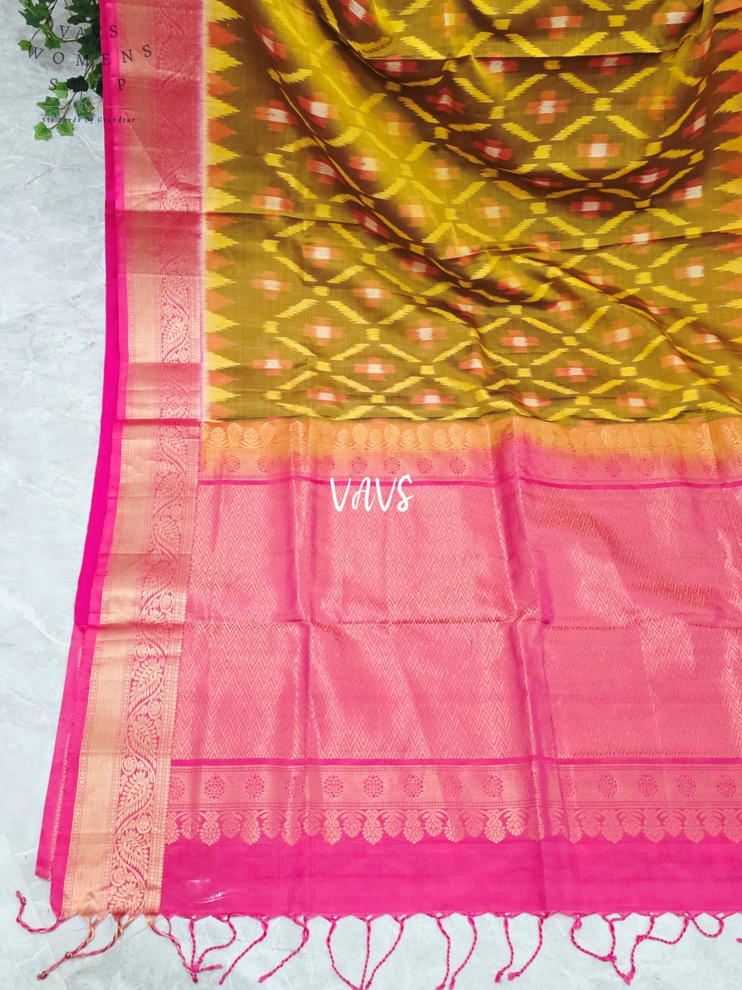 Golden Olive & Rani Pink Pure Kanchi Soft Silk Saree with Woven Pochampally Design & Stitched Blouse Size 38, Extendable to 44