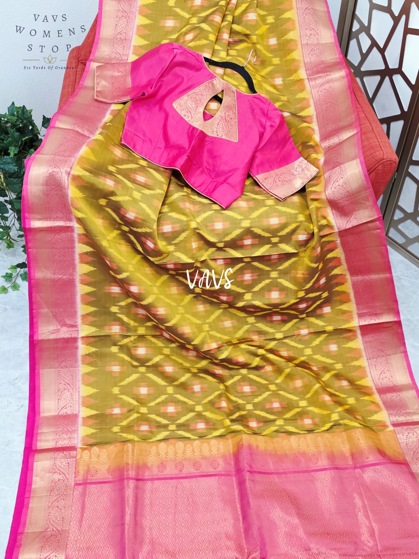Golden Olive & Rani Pink Pure Kanchi Soft Silk Saree with Woven Pochampally Design & Stitched Blouse Size 38, Extendable to 44