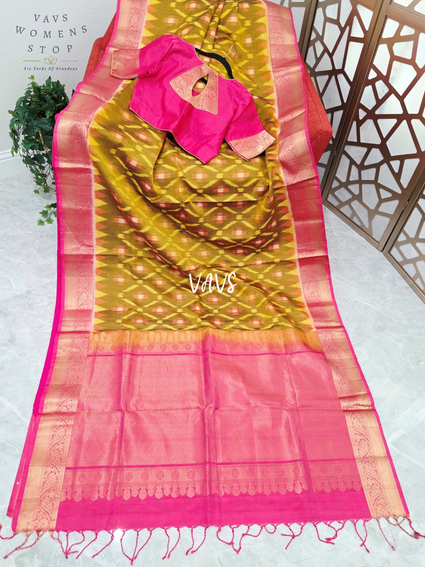 Golden Olive & Rani Pink Pure Kanchi Soft Silk Saree with Woven Pochampally Design & Stitched Blouse Size 38, Extendable to 44