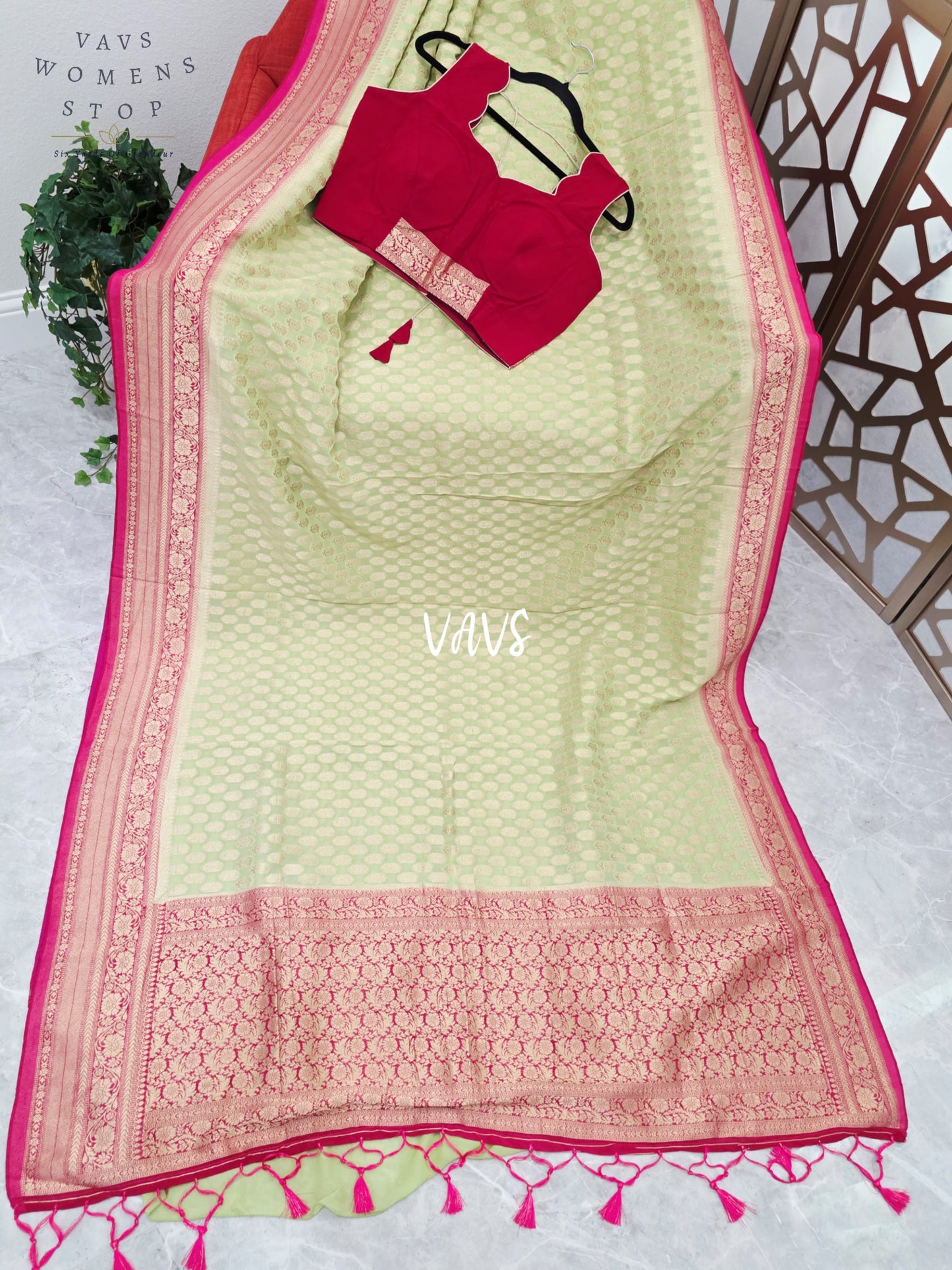 Pistachio Green & Rani Pink Viscose Georgette Saree with Sleeveless Padded Blouse Size 38, Extendable to 44