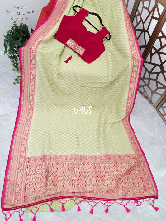 Pistachio Green & Rani Pink Viscose Georgette Saree with Sleeveless Padded Blouse Size 38, Extendable to 44