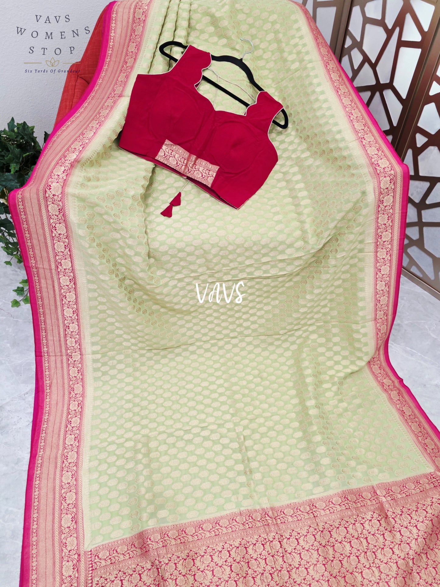 Pistachio Green & Rani Pink Viscose Georgette Saree with Sleeveless Padded Blouse Size 38, Extendable to 44
