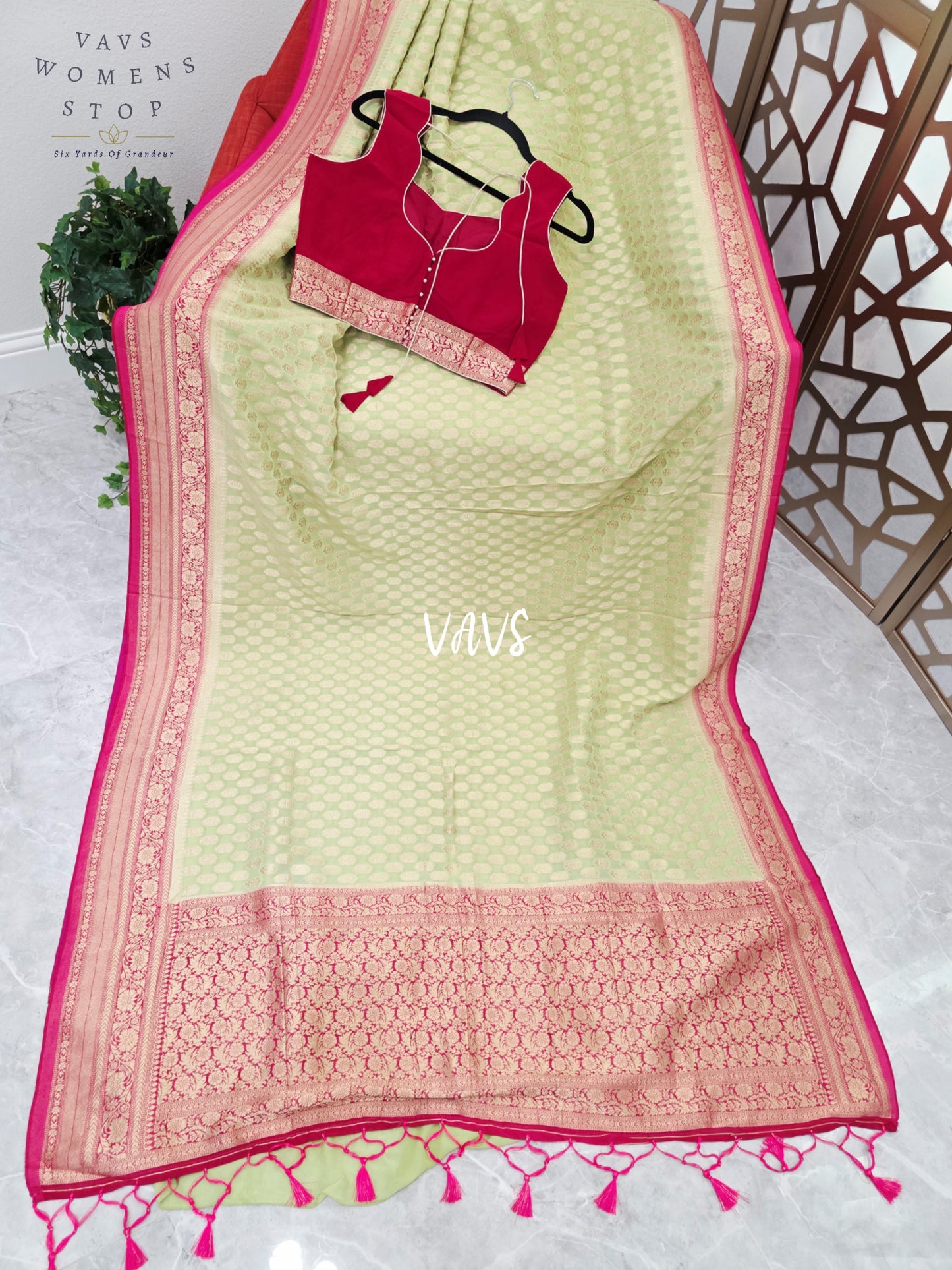 Pistachio Green & Rani Pink Viscose Georgette Saree with Sleeveless Padded Blouse Size 38, Extendable to 44