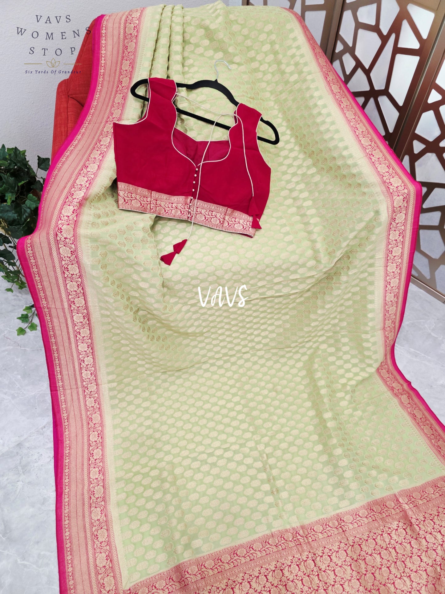Pistachio Green & Rani Pink Viscose Georgette Saree with Sleeveless Padded Blouse Size 38, Extendable to 44