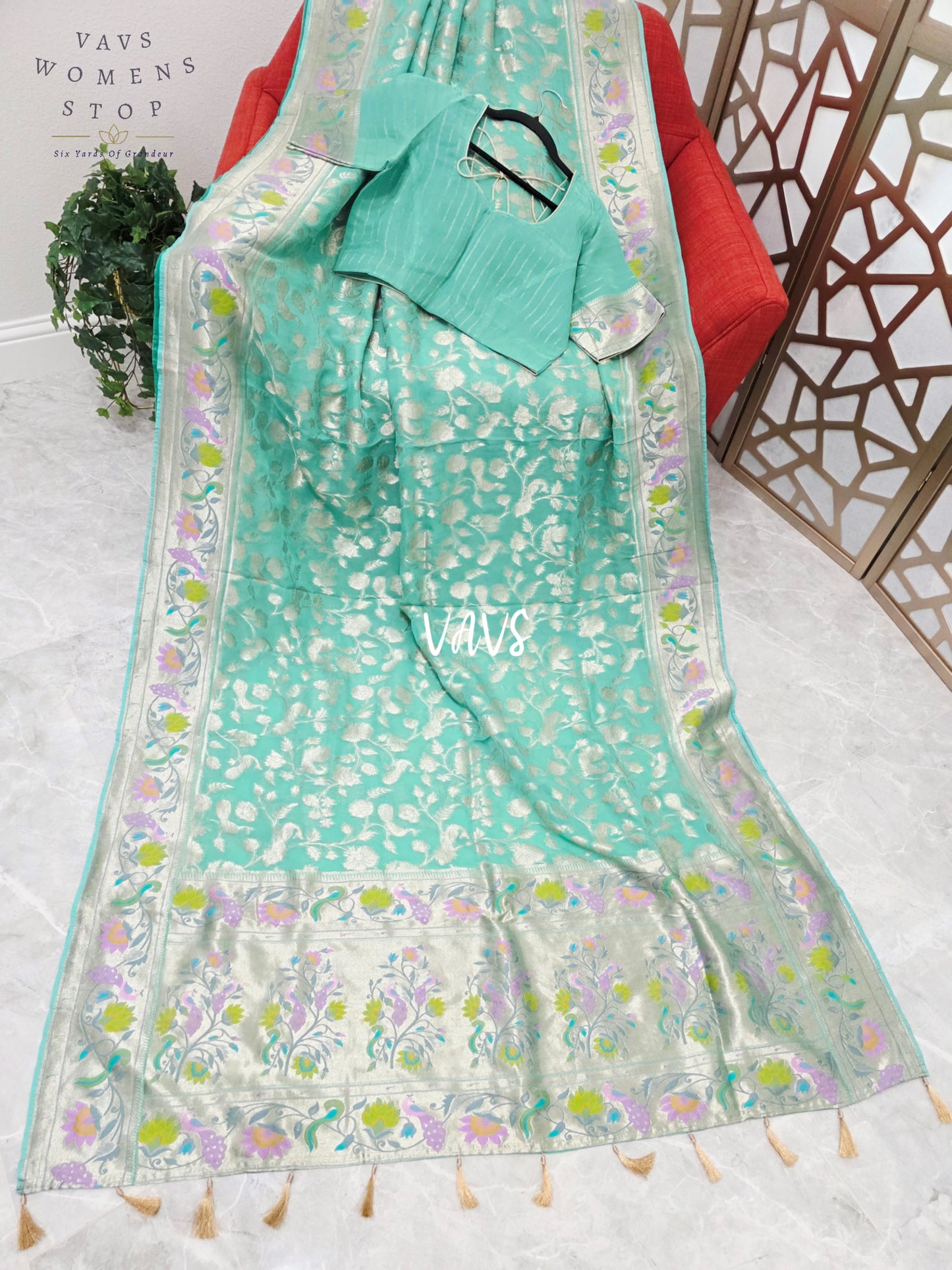Seafoam Aqua & Silver Pure Khaddi Handloom Georgette Saree with Pastel Peacock Border & Stitched Blouse Size 40, Extendable to 46