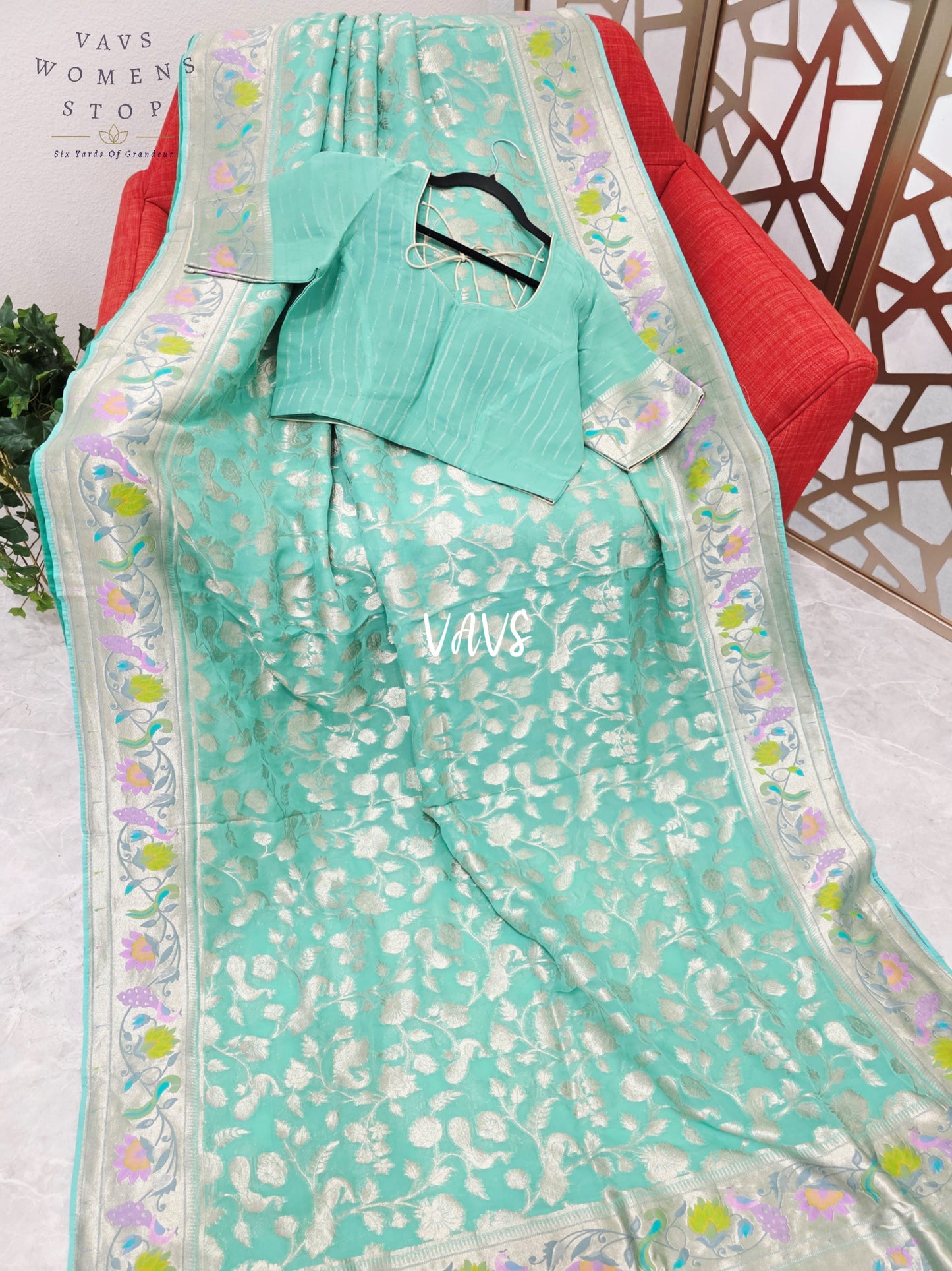 Seafoam Aqua & Silver Pure Khaddi Handloom Georgette Saree with Pastel Peacock Border & Stitched Blouse Size 40, Extendable to 46