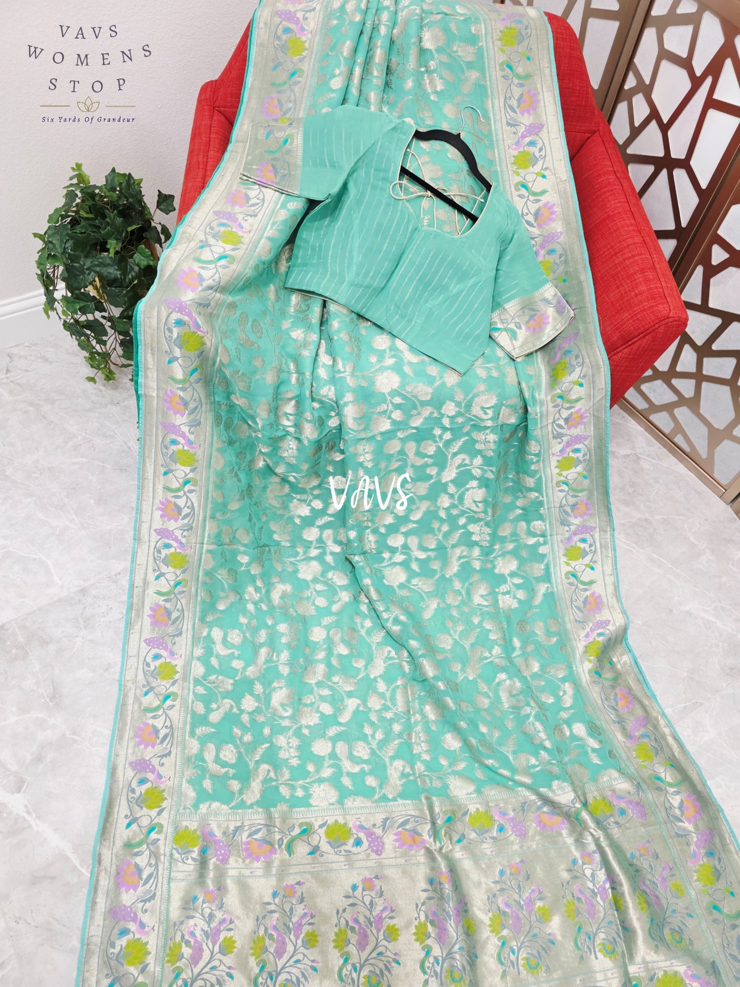 Seafoam Aqua & Silver Pure Khaddi Handloom Georgette Saree with Pastel Peacock Border & Stitched Blouse Size 40, Extendable to 46