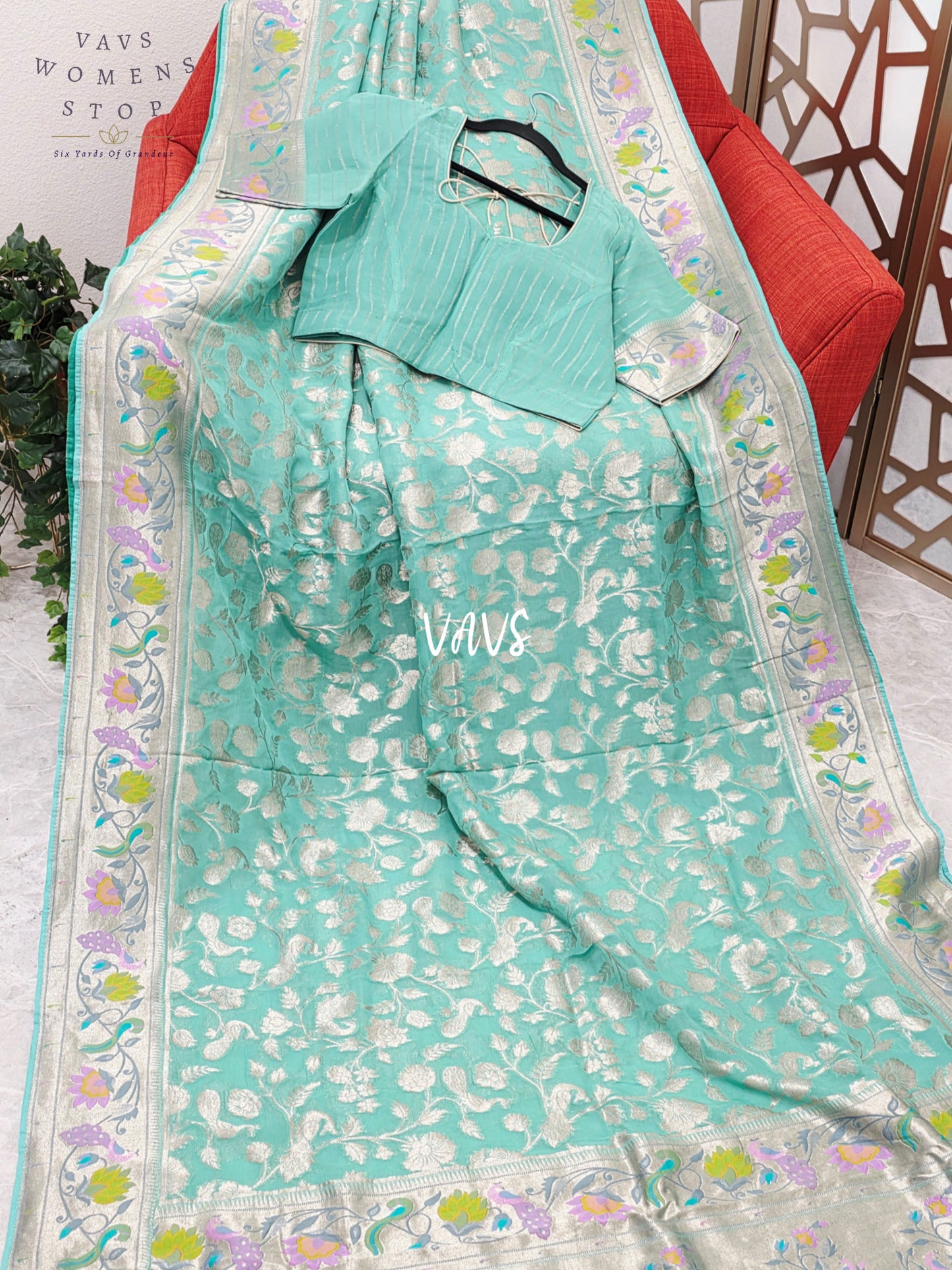 Seafoam Aqua & Silver Pure Khaddi Handloom Georgette Saree with Pastel Peacock Border & Stitched Blouse Size 40, Extendable to 46