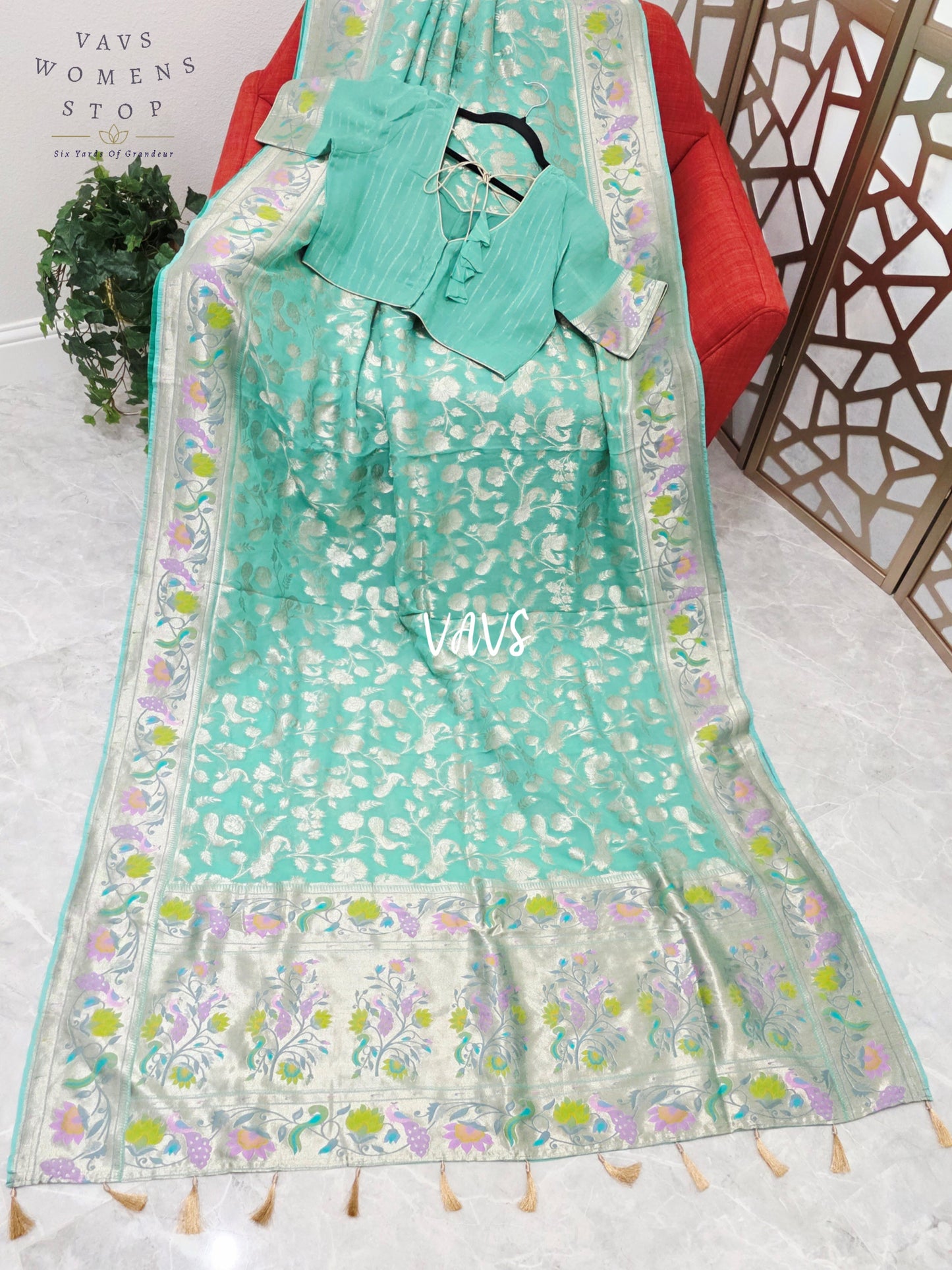 Seafoam Aqua & Silver Pure Khaddi Handloom Georgette Saree with Pastel Peacock Border & Stitched Blouse Size 40, Extendable to 46