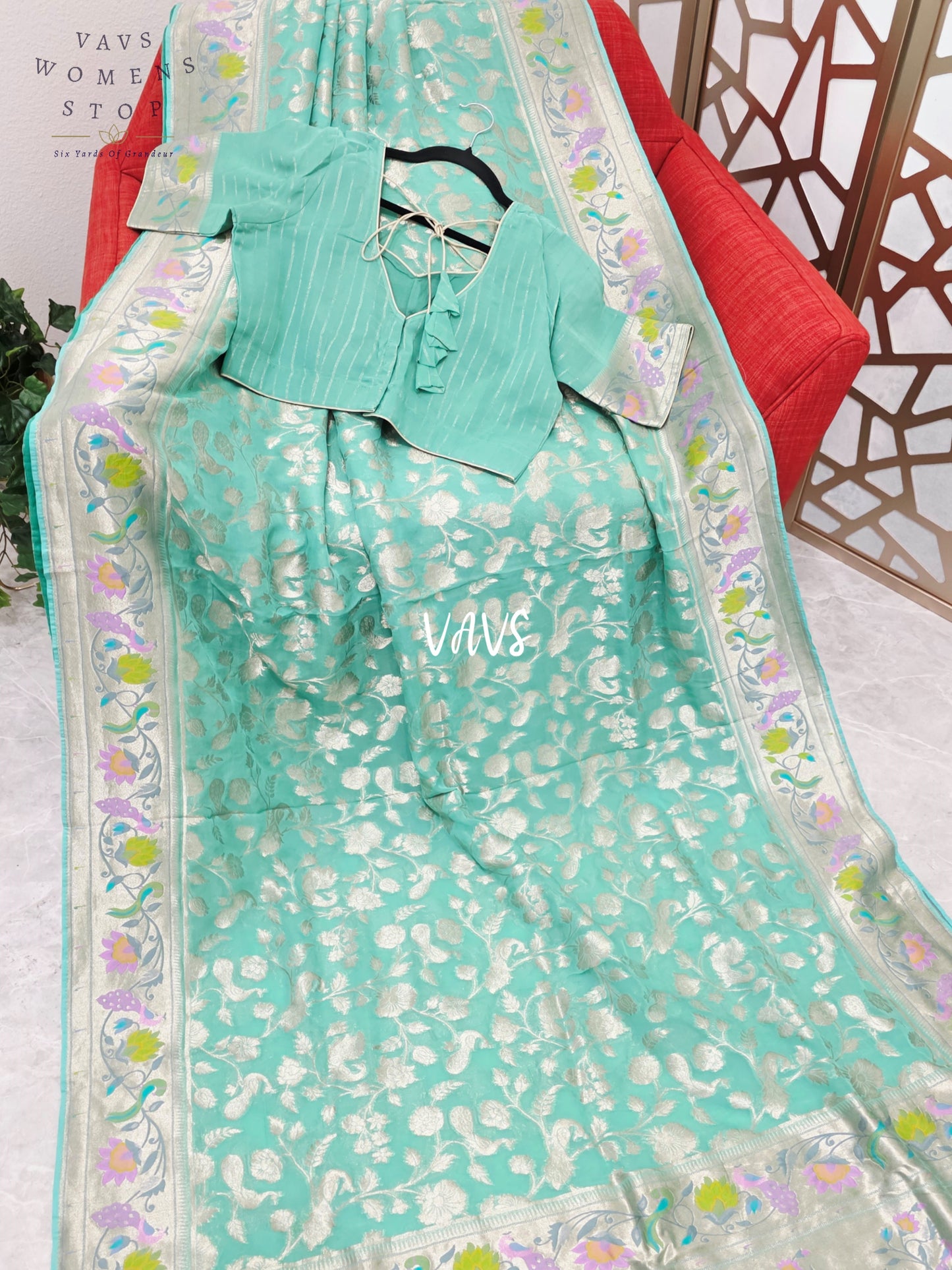 Seafoam Aqua & Silver Pure Khaddi Handloom Georgette Saree with Pastel Peacock Border & Stitched Blouse Size 40, Extendable to 46