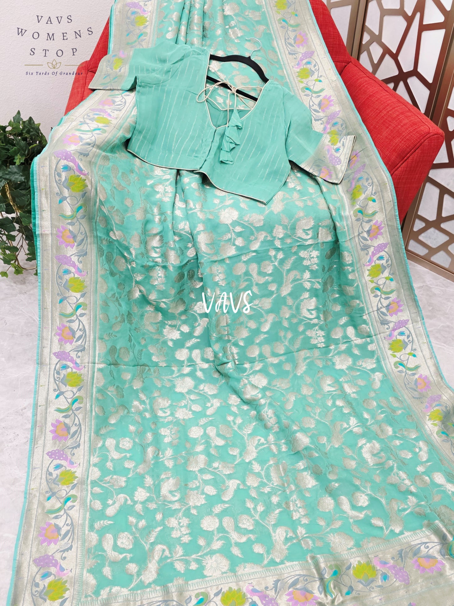 Seafoam Aqua & Silver Pure Khaddi Handloom Georgette Saree with Pastel Peacock Border & Stitched Blouse Size 40, Extendable to 46