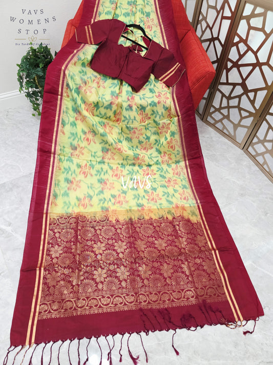 Pale Citron Green & Wine Maroon Vegan Silk Pochampally Woven Saree with Stitched Blouse Size 36, Extendable to 42